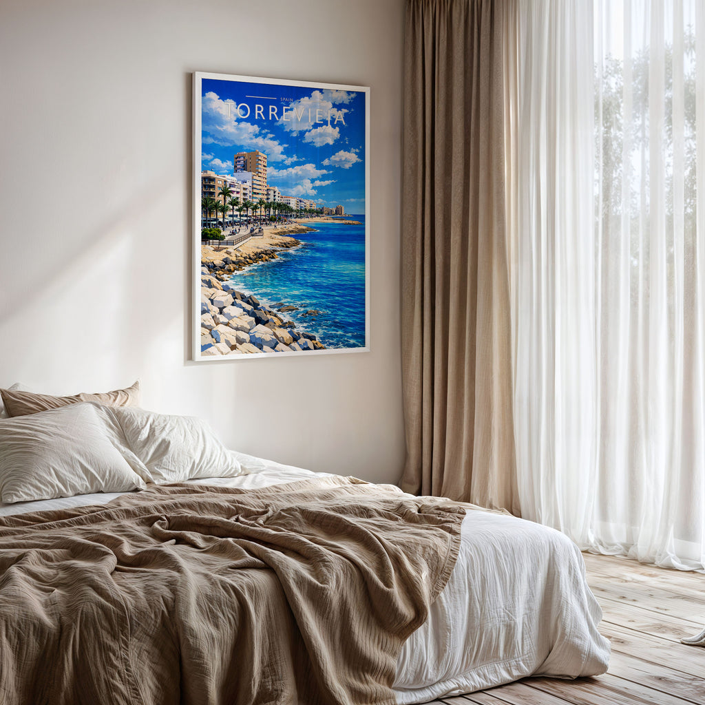 Torrevieja Travel Poster framed on a bedroom wall