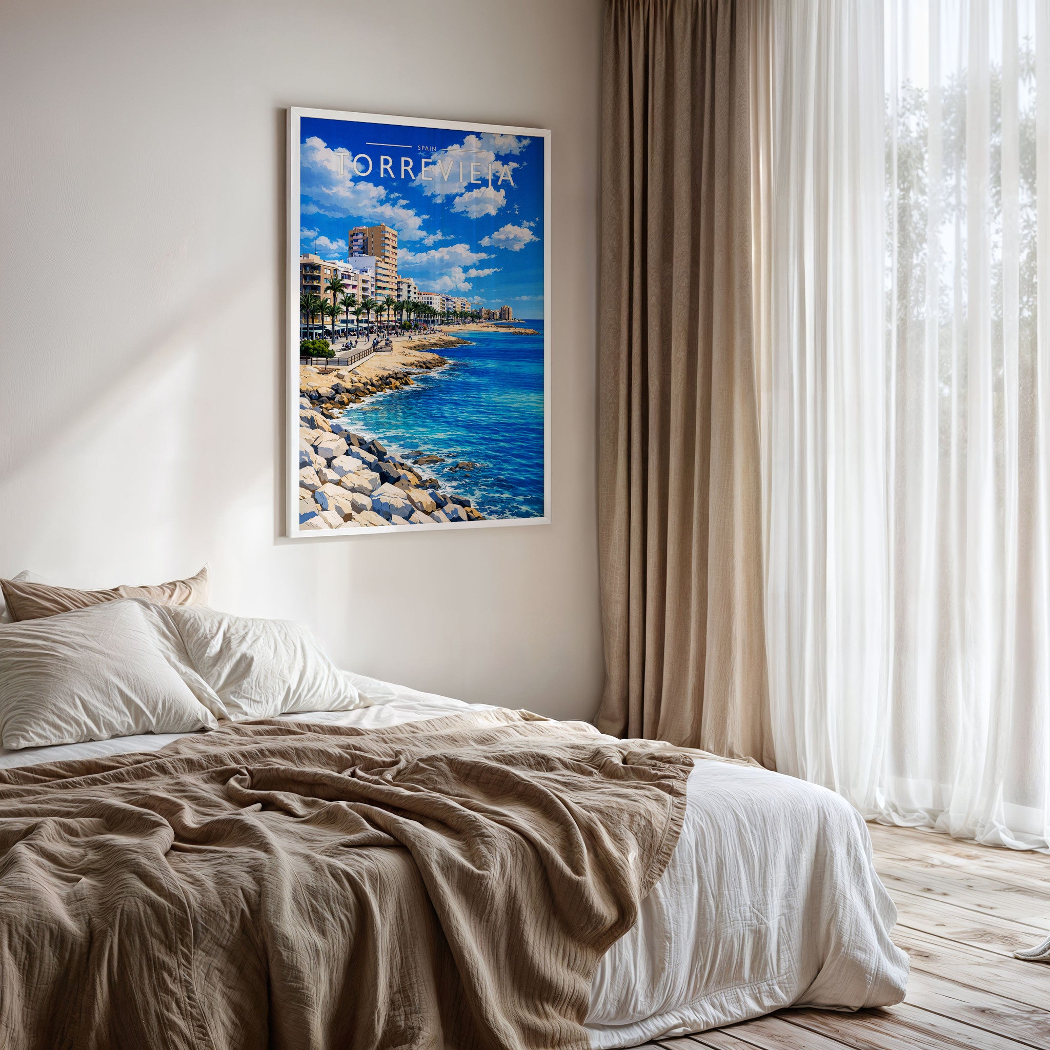 Torrevieja Travel Poster framed on a bedroom wall