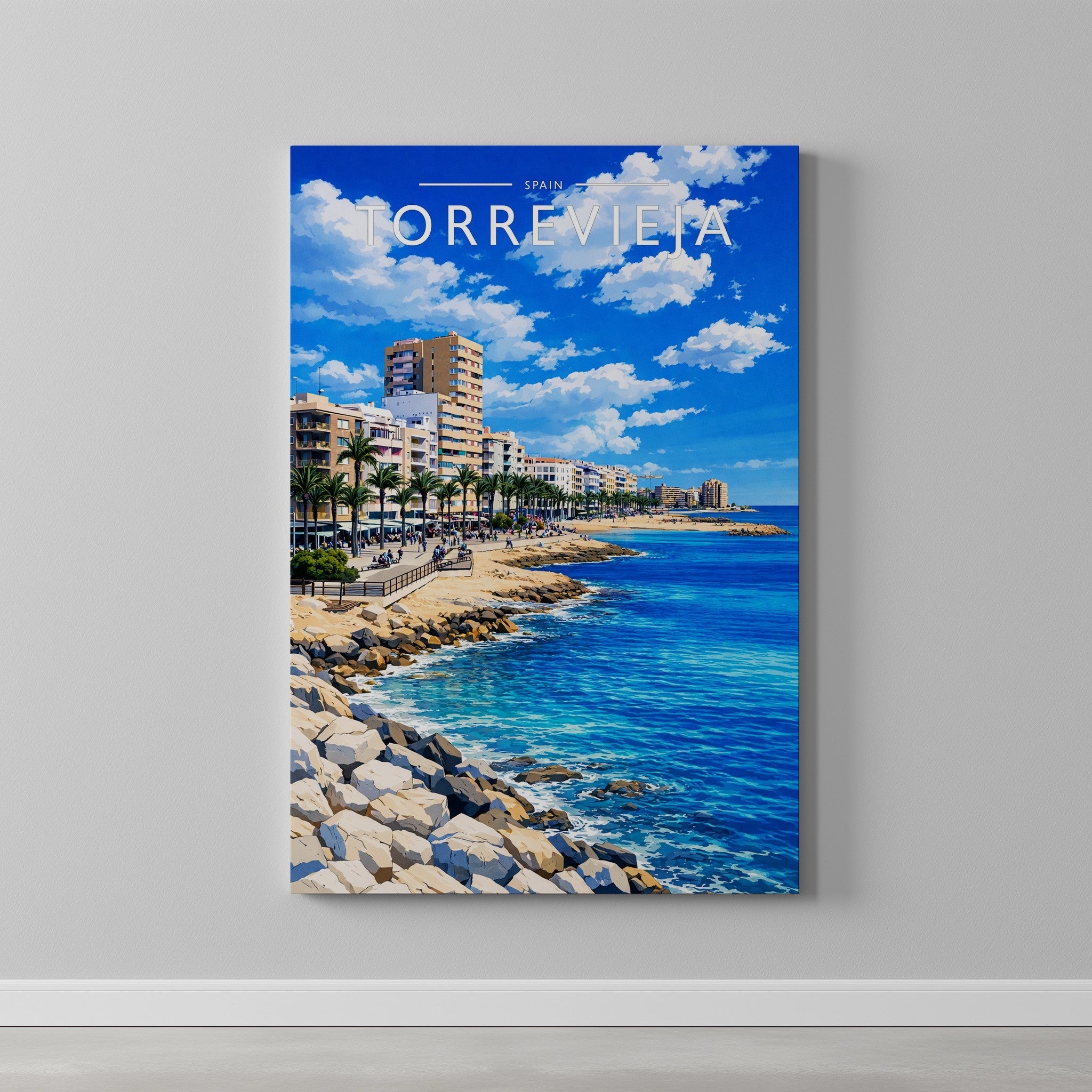 Torrevieja Travel Poster as a gallery-wrapped canvas on a plain wall