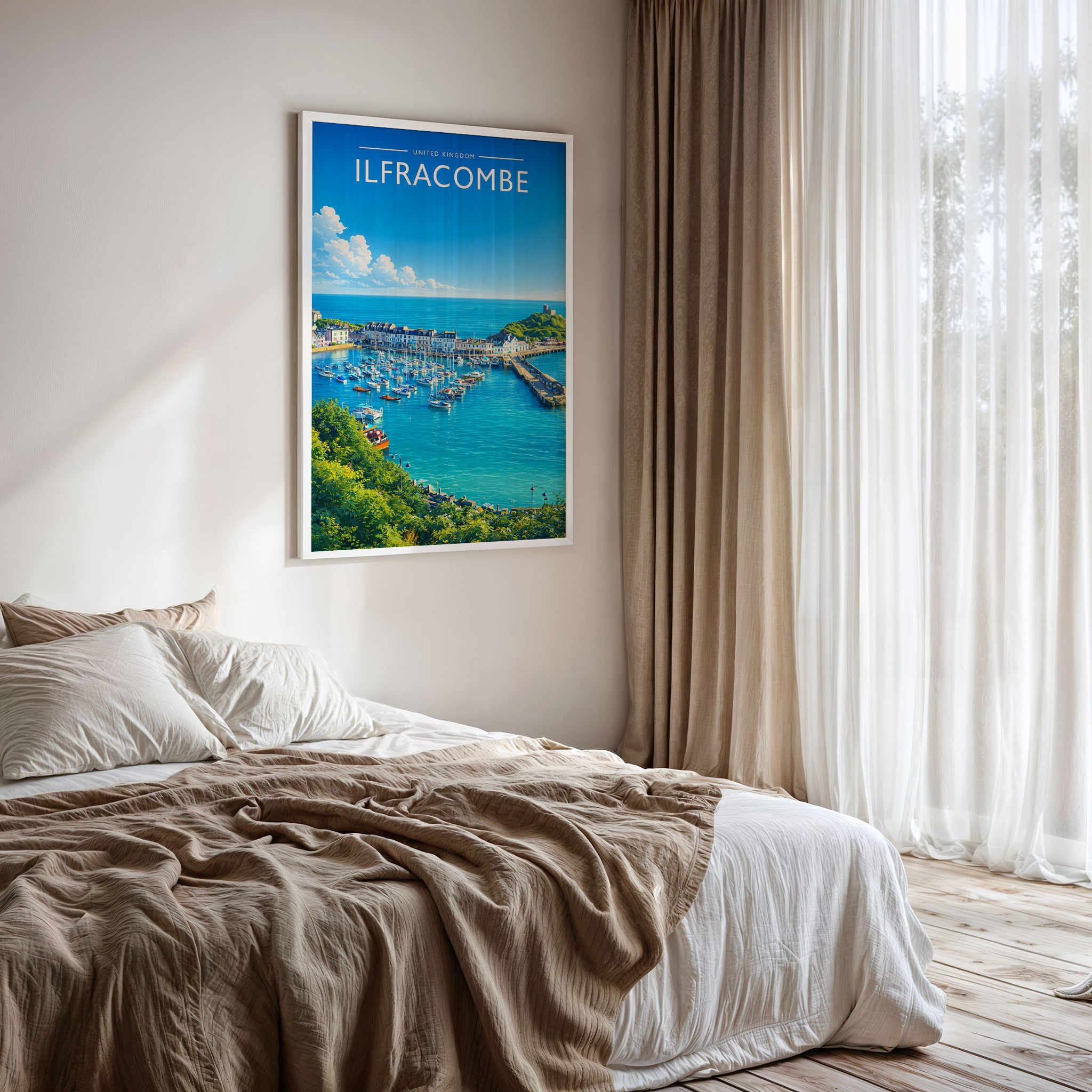 Ilfracombe Travel Poster framed on a bedroom wall