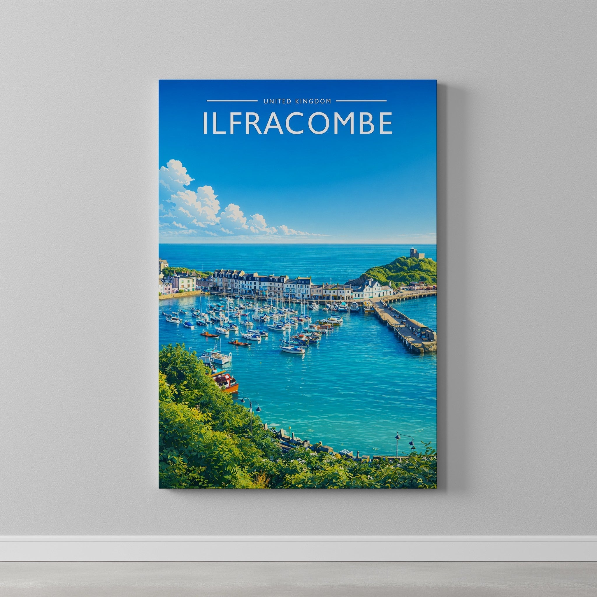 Ilfracombe Travel Poster as a gallery-wrapped canvas on a plain wall