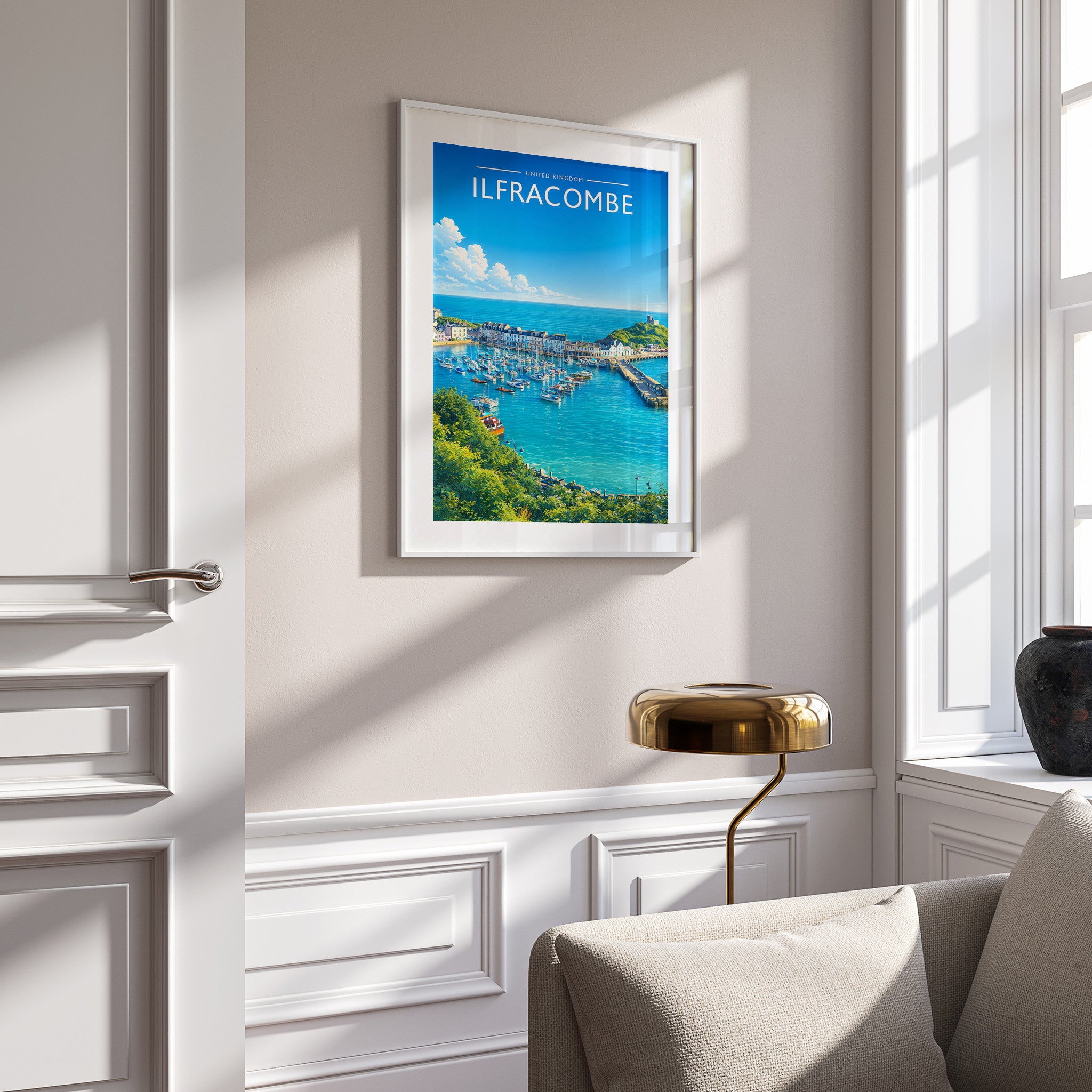 Ilfracombe Travel Poster in a white frame on a panelled wall