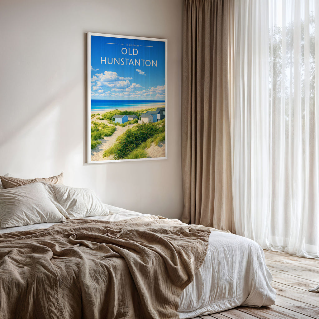 Old Hunstanton Travel Poster framed on a bedroom wall