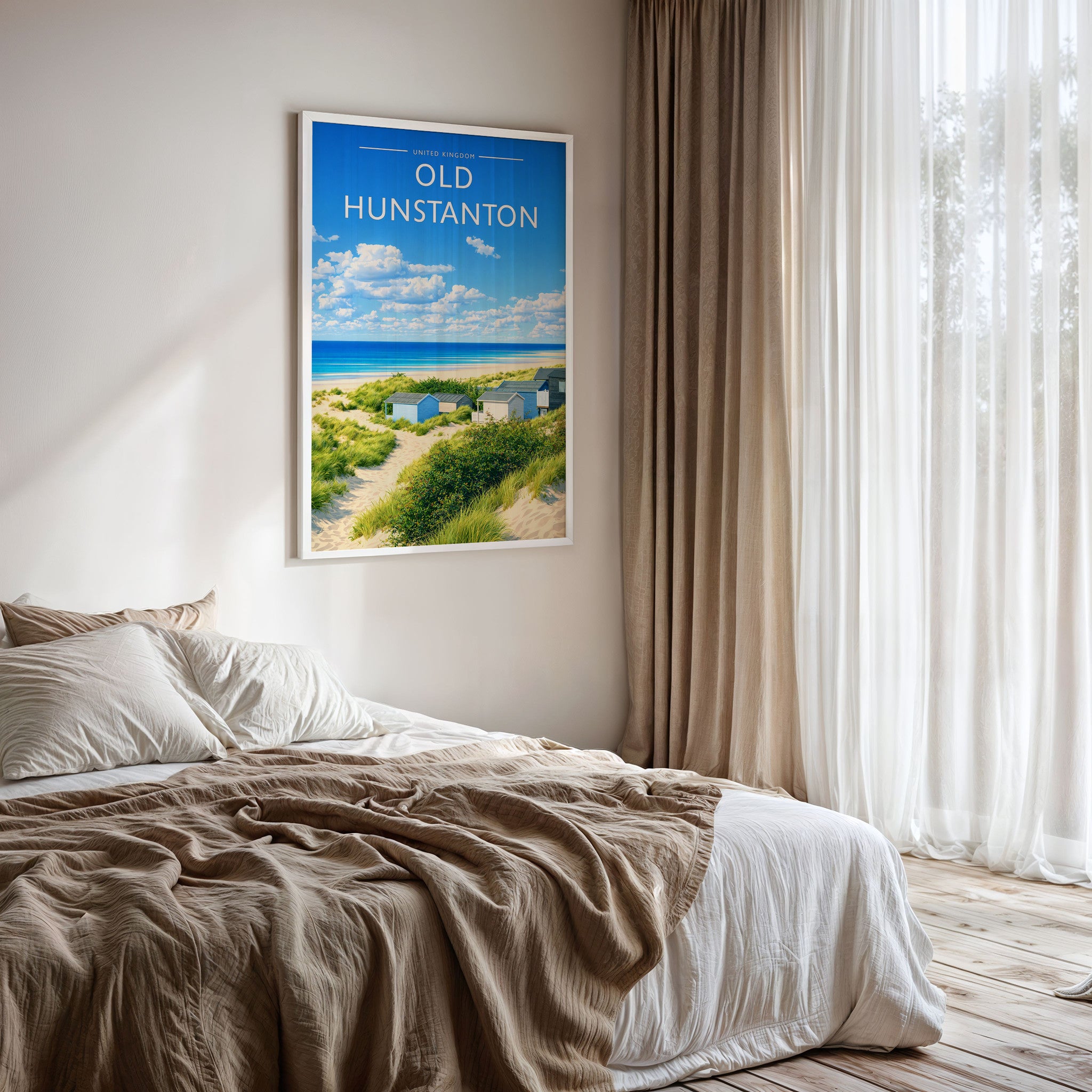 Old Hunstanton Travel Poster framed on a bedroom wall