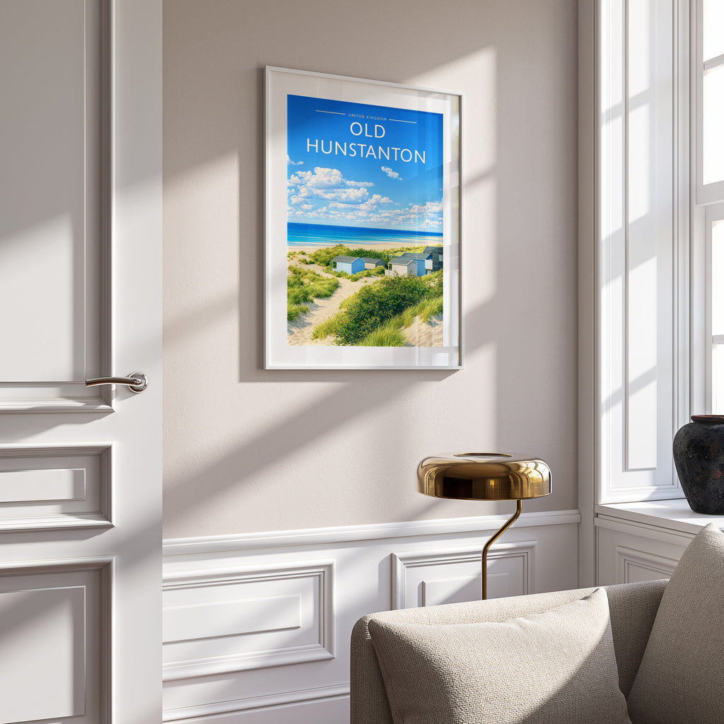 Old Hunstanton Travel Poster in a white frame on a panelled wall