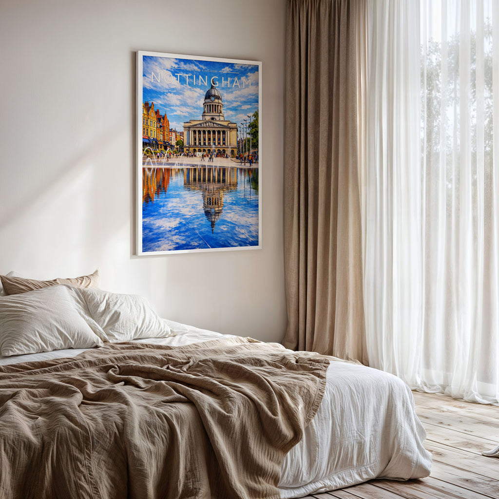 Nottingham #2 Travel Poster framed on a bedroom wall