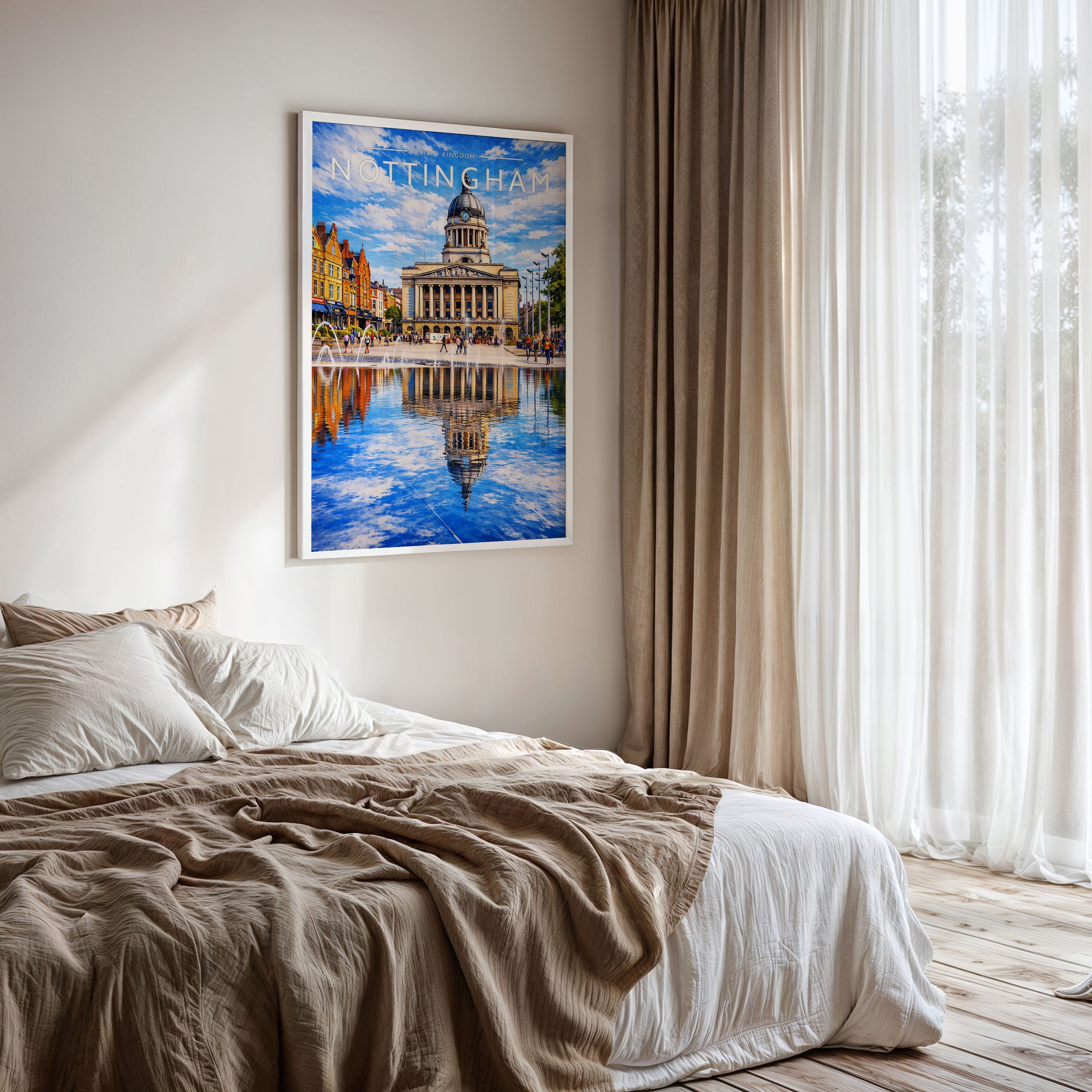 Nottingham #2 Travel Poster framed on a bedroom wall
