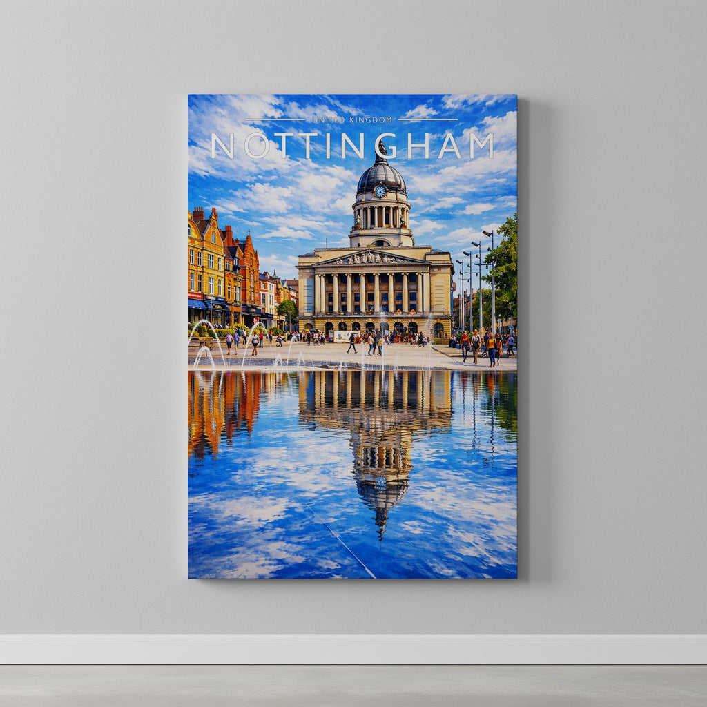 Nottingham #2 Travel Poster as a gallery-wrapped canvas on a plain wall