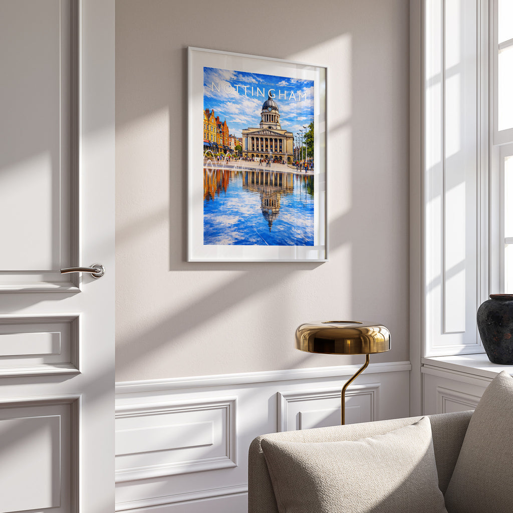 Nottingham #2 Travel Poster in a white frame on a panelled wall