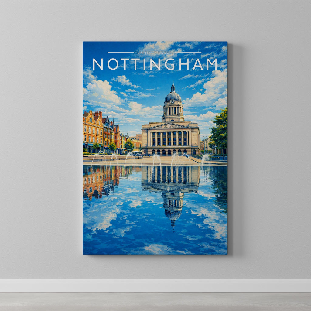 Nottingham #3 Travel Poster as a gallery-wrapped canvas on a plain wall