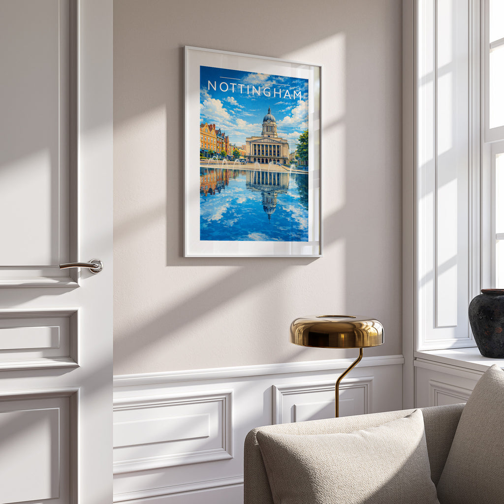 Nottingham #3 Travel Poster in a white frame on a panelled wall
