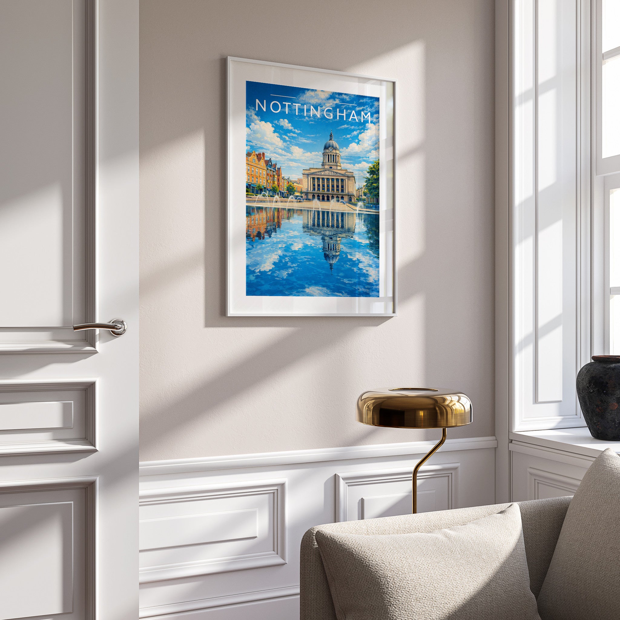 Nottingham #3 Travel Poster in a white frame on a panelled wall