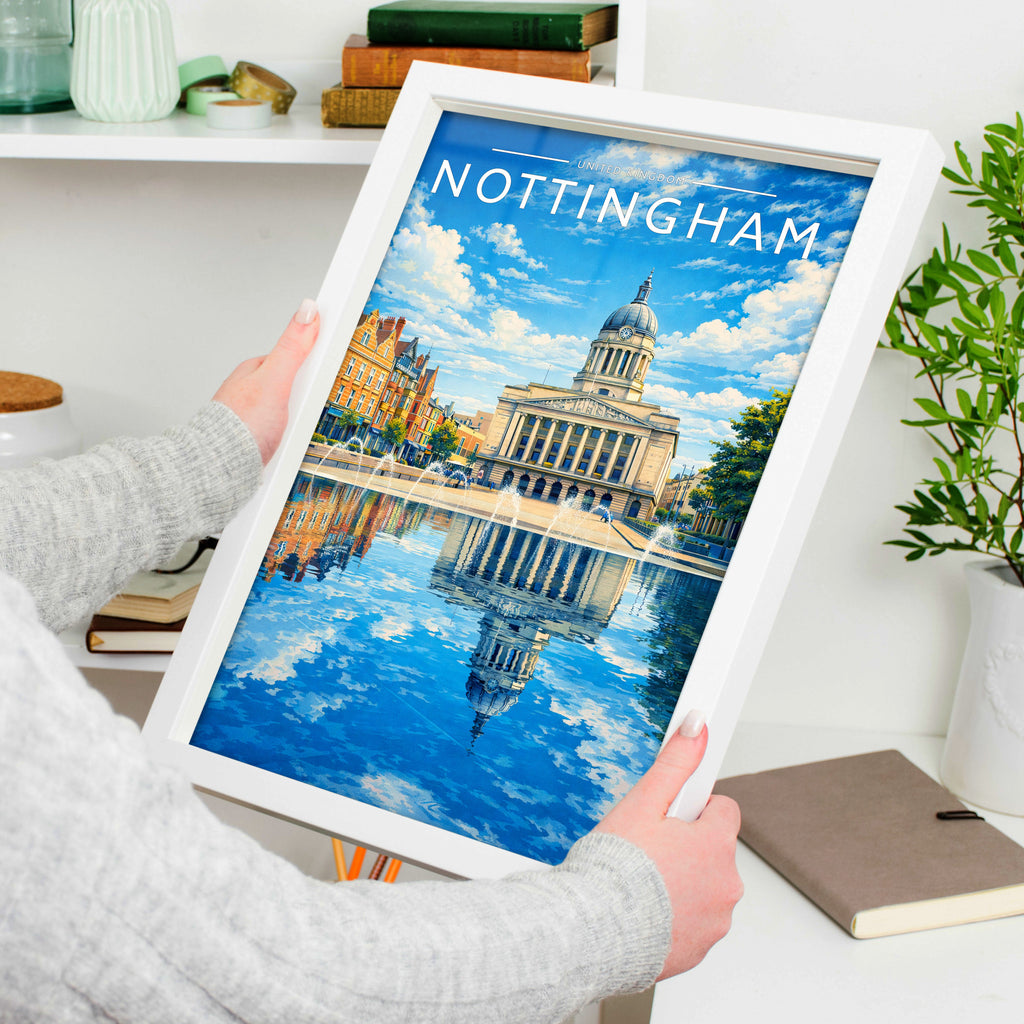 Nottingham #3 Travel Poster in a white frame, held to show scale