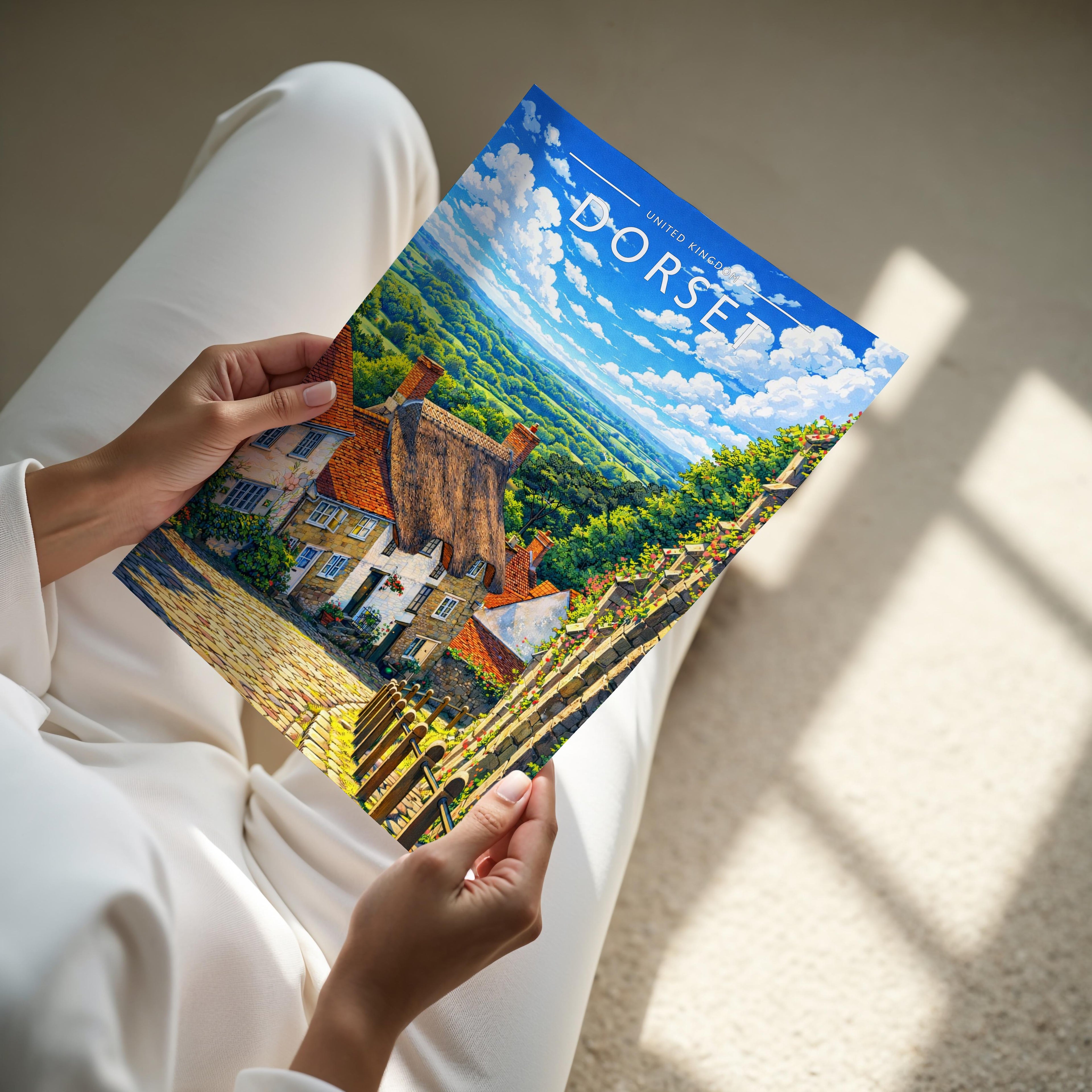 Dorset Travel Poster - A4 print held in hand