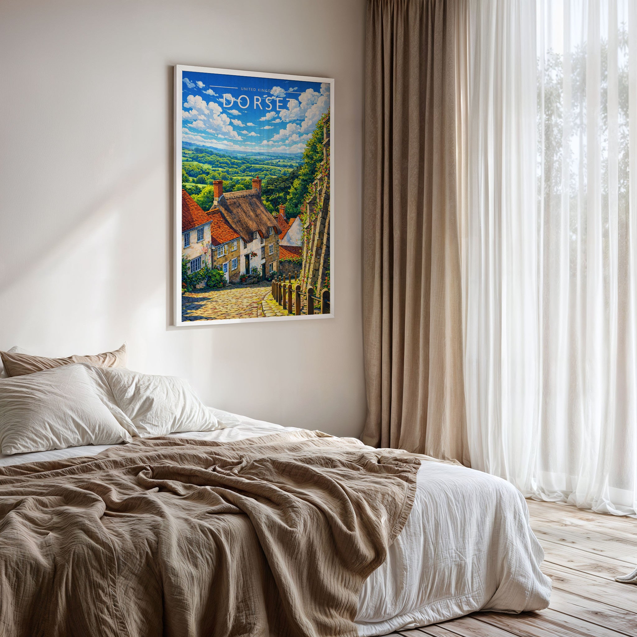 Dorset Travel Poster framed on a bedroom wall