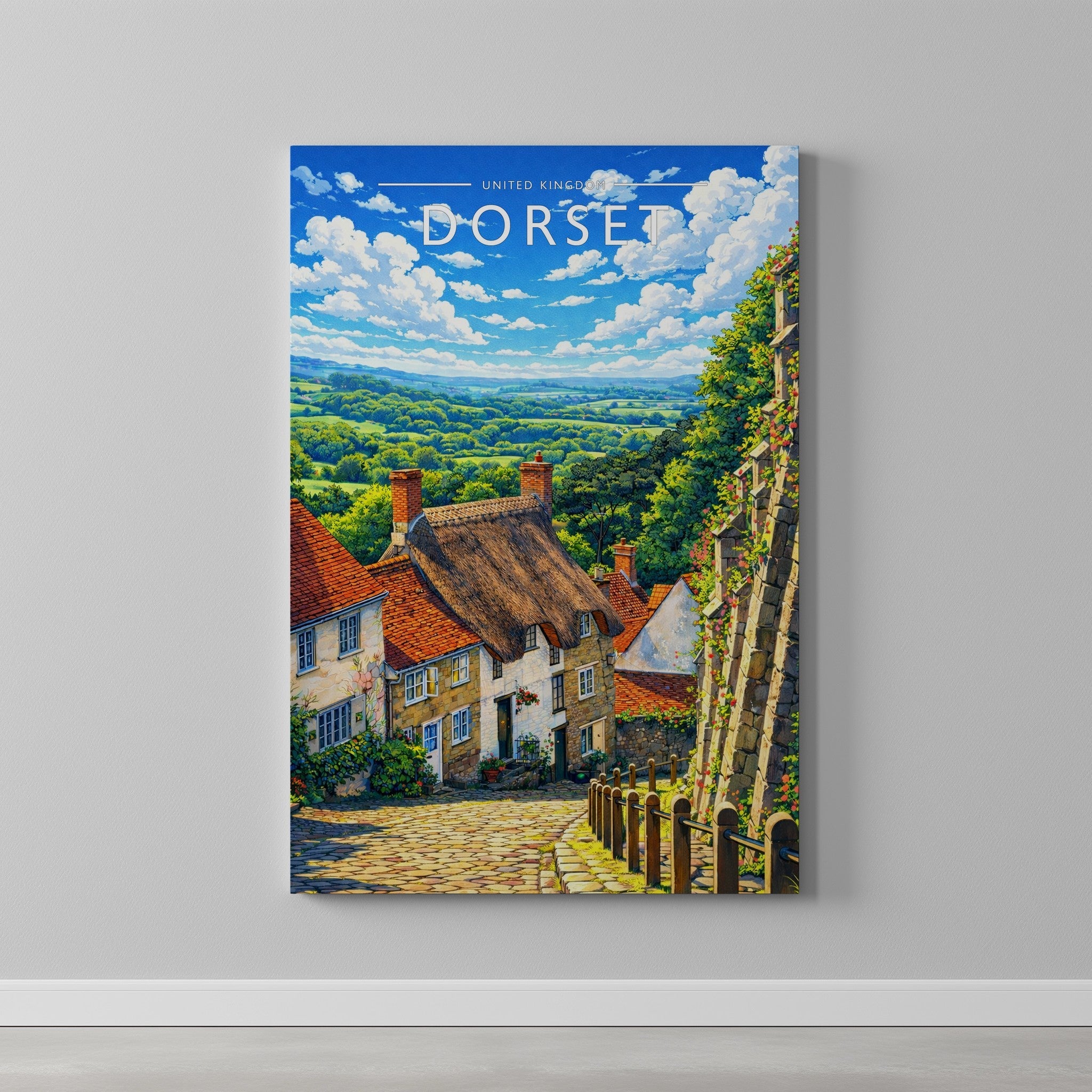 Dorset Travel Poster as a gallery-wrapped canvas on a plain wall