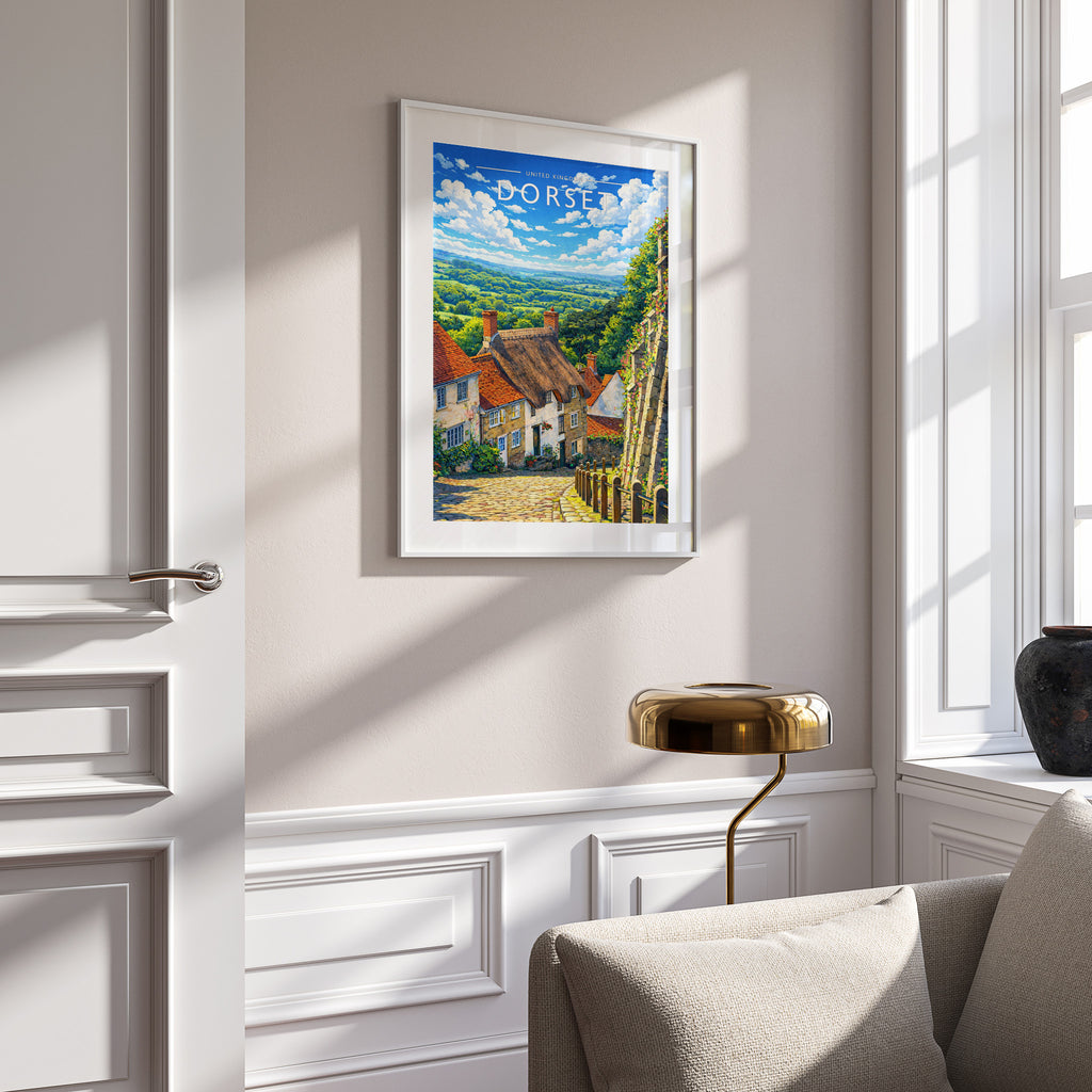 Dorset Travel Poster in a white frame on a panelled wall