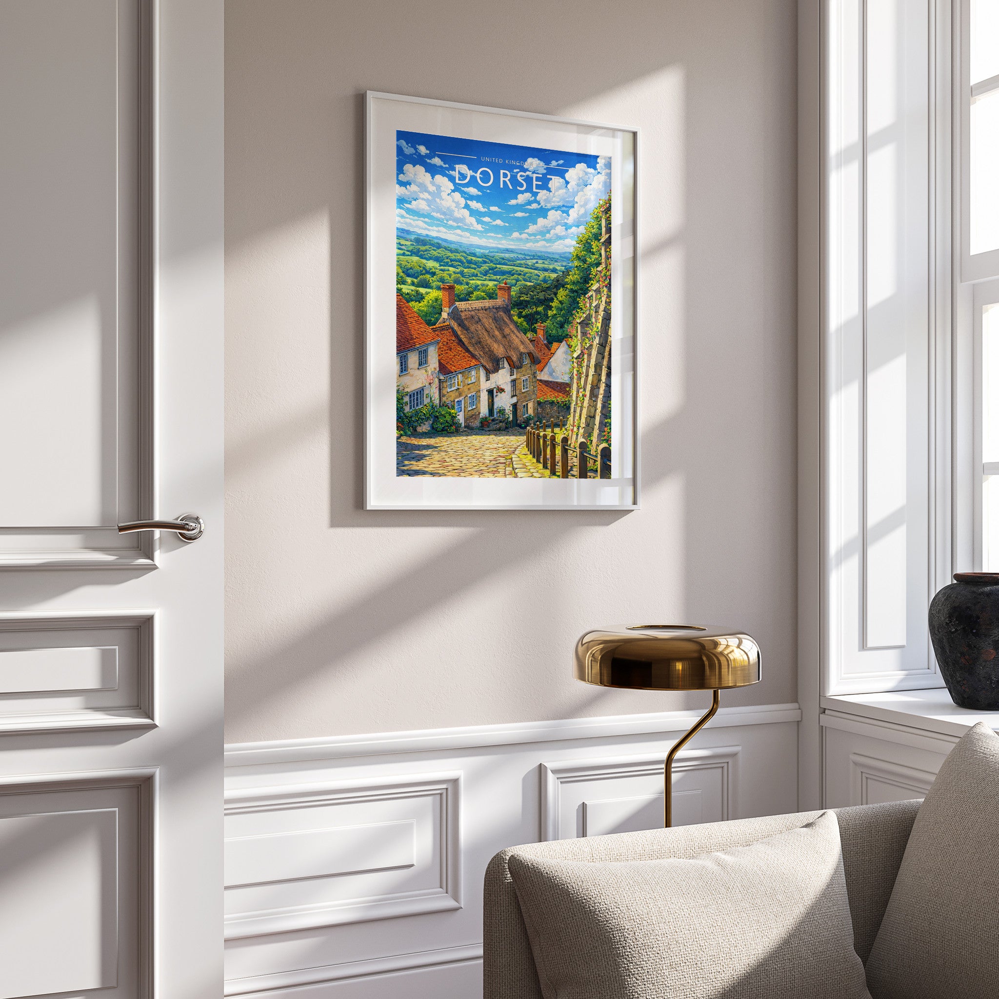 Dorset Travel Poster in a white frame on a panelled wall