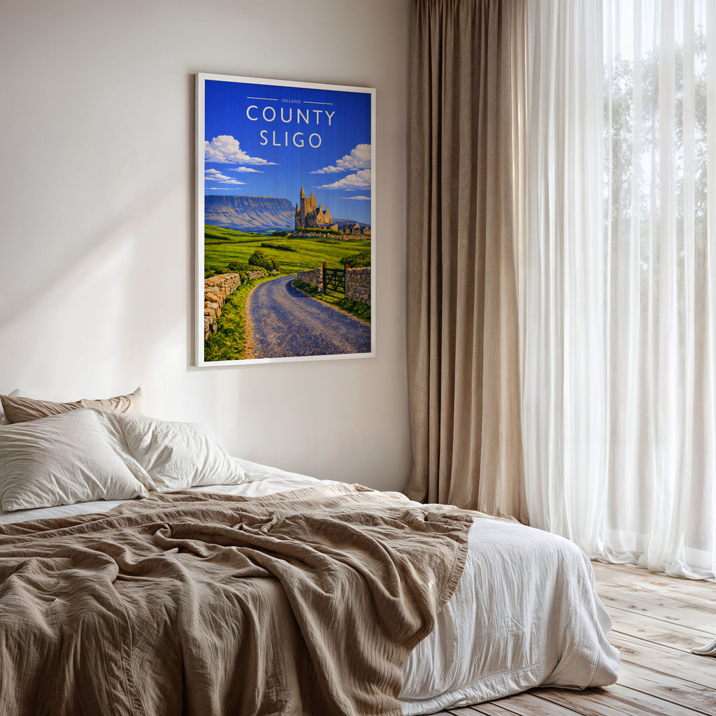 County Sligo Travel Poster framed on a bedroom wall