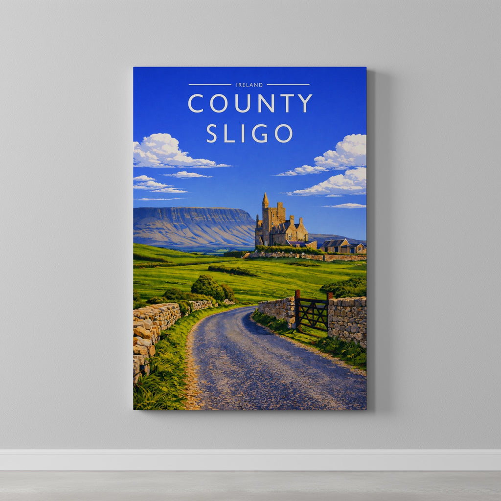 County Sligo Travel Poster as a gallery-wrapped canvas on a plain wall