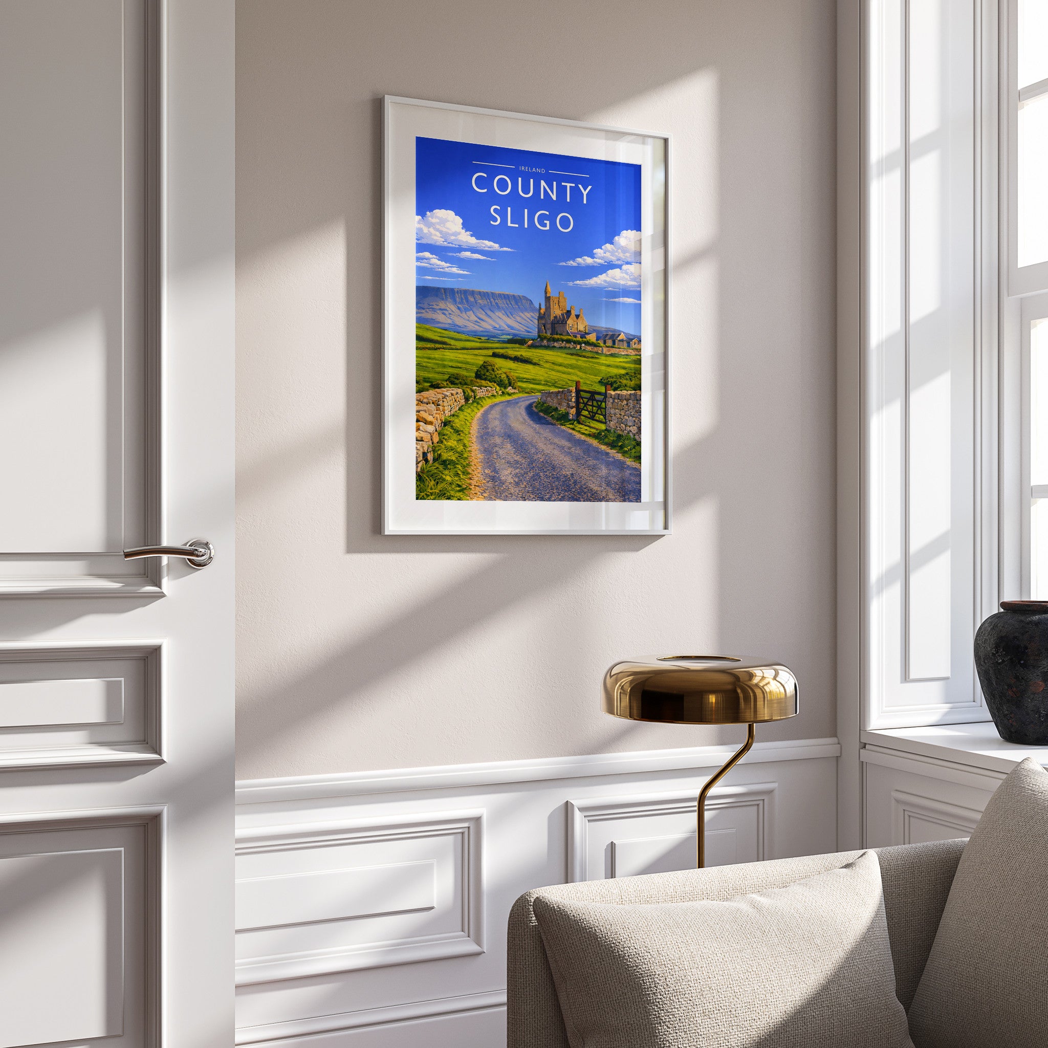 County Sligo Travel Poster in a white frame on a panelled wall