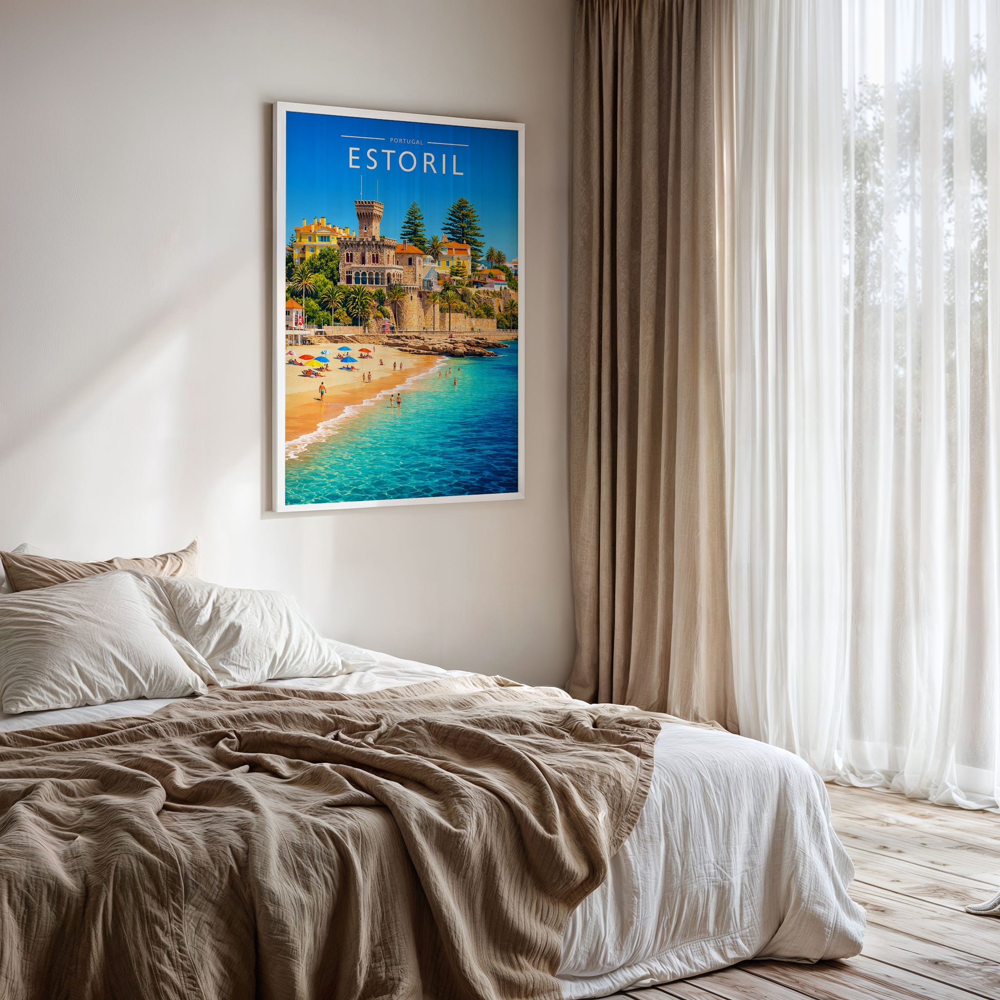 Estoril Travel Poster framed on a bedroom wall