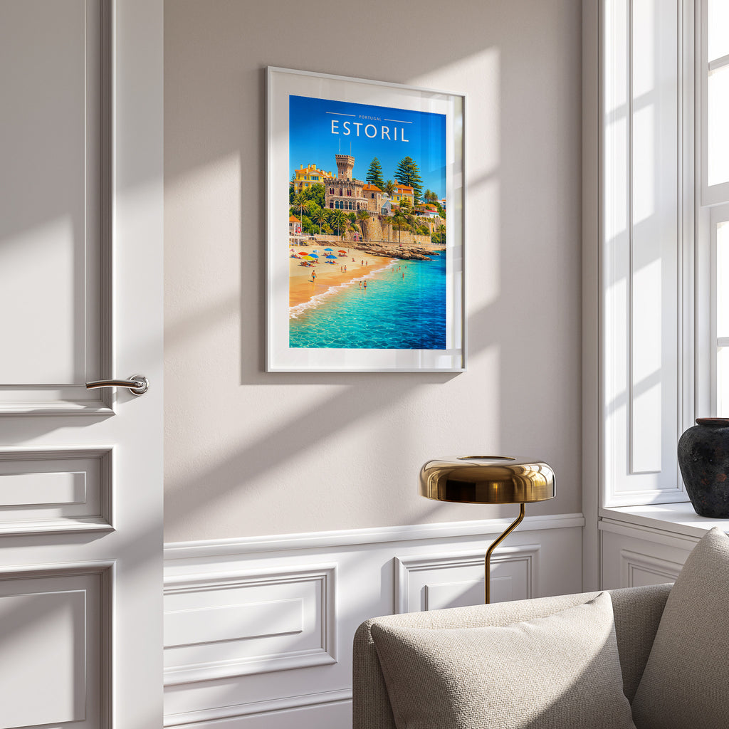 Estoril Travel Poster in a white frame on a panelled wall