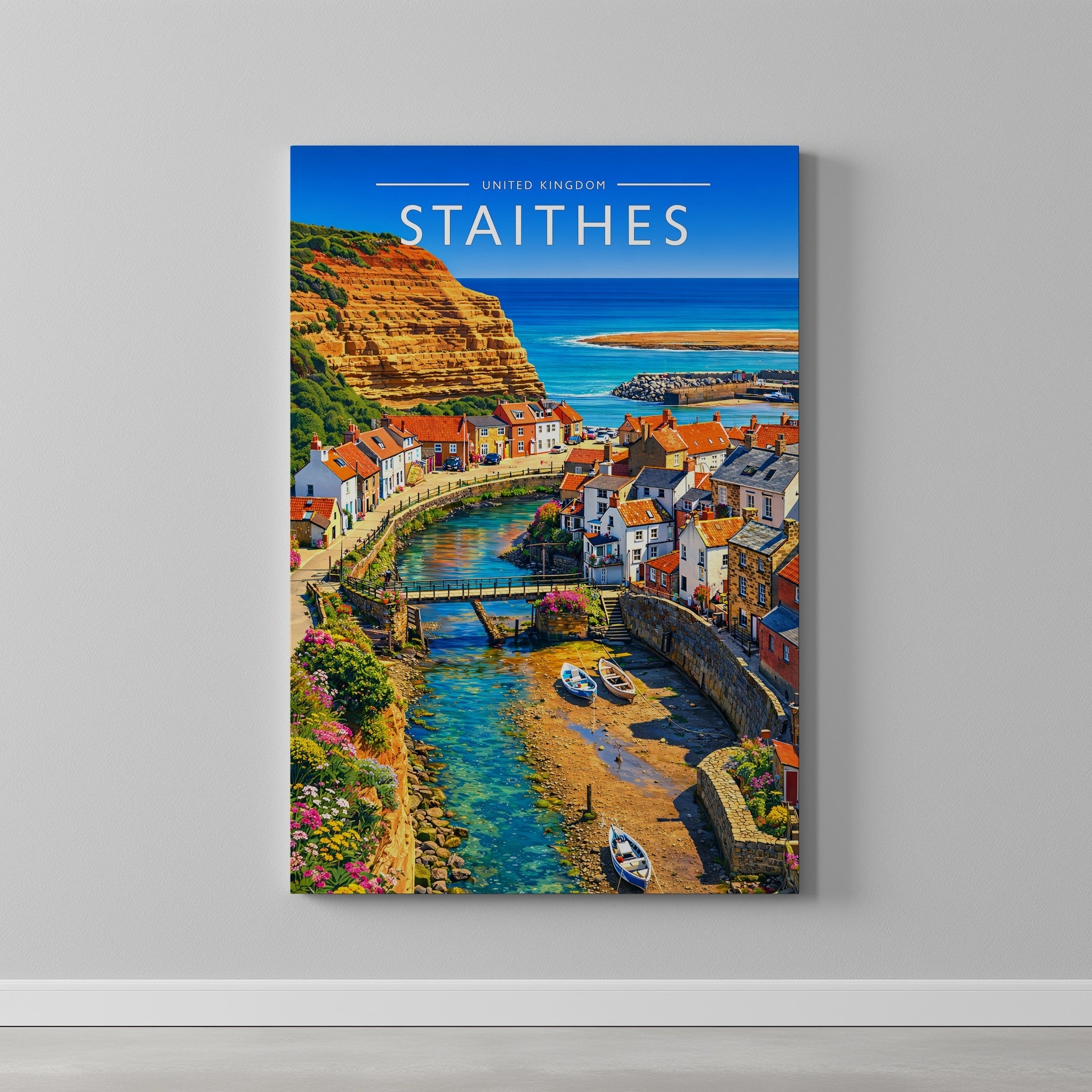 Staithes Travel Poster as a gallery-wrapped canvas on a plain wall