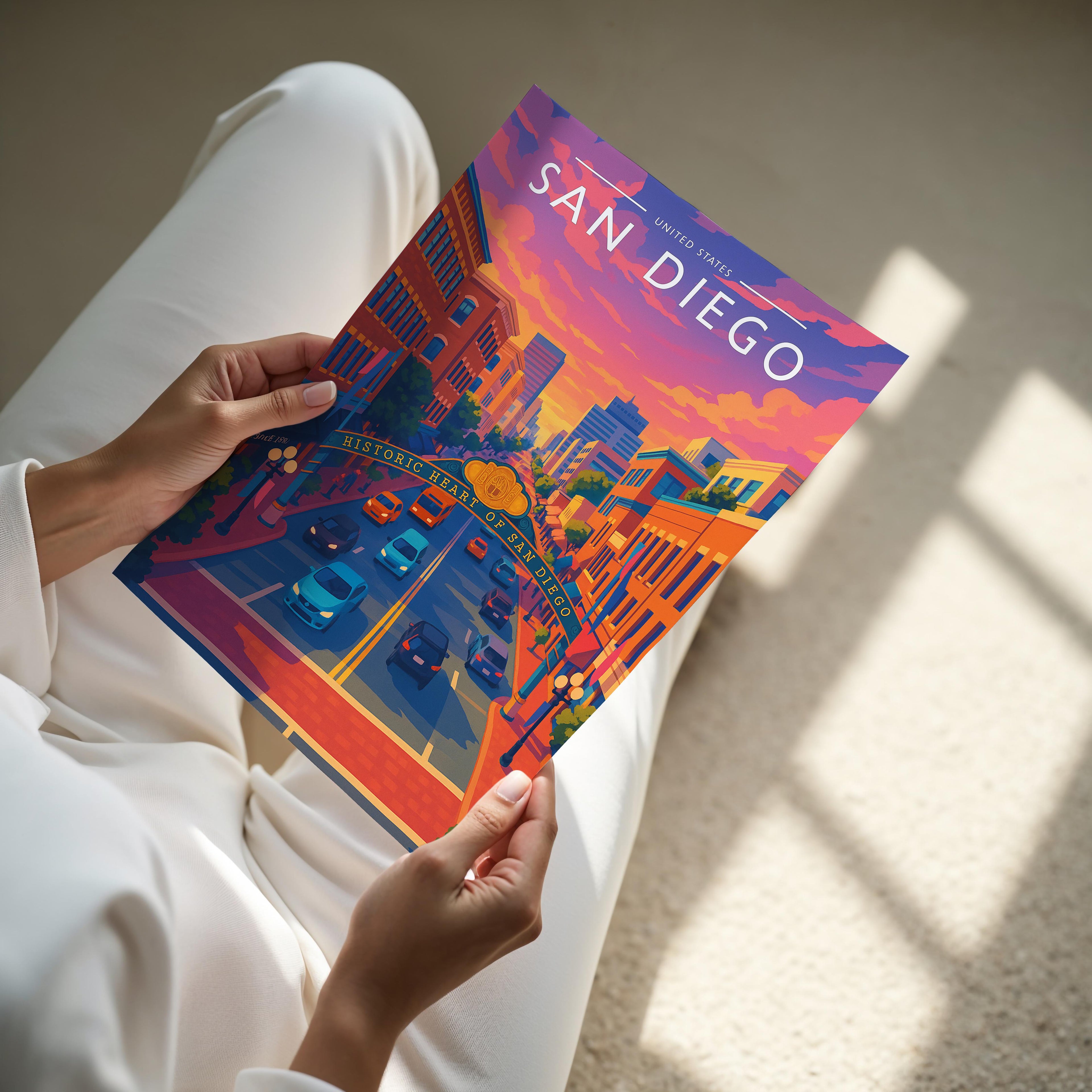 San Diego Travel Poster - A4 print held in hand