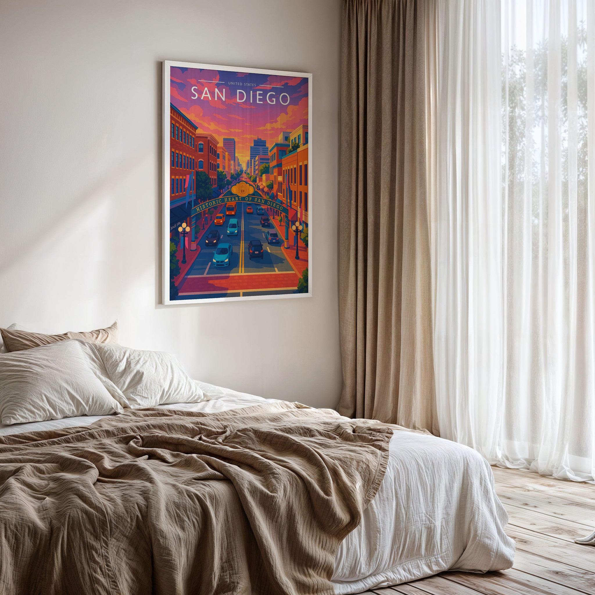 San Diego Travel Poster framed on a bedroom wall