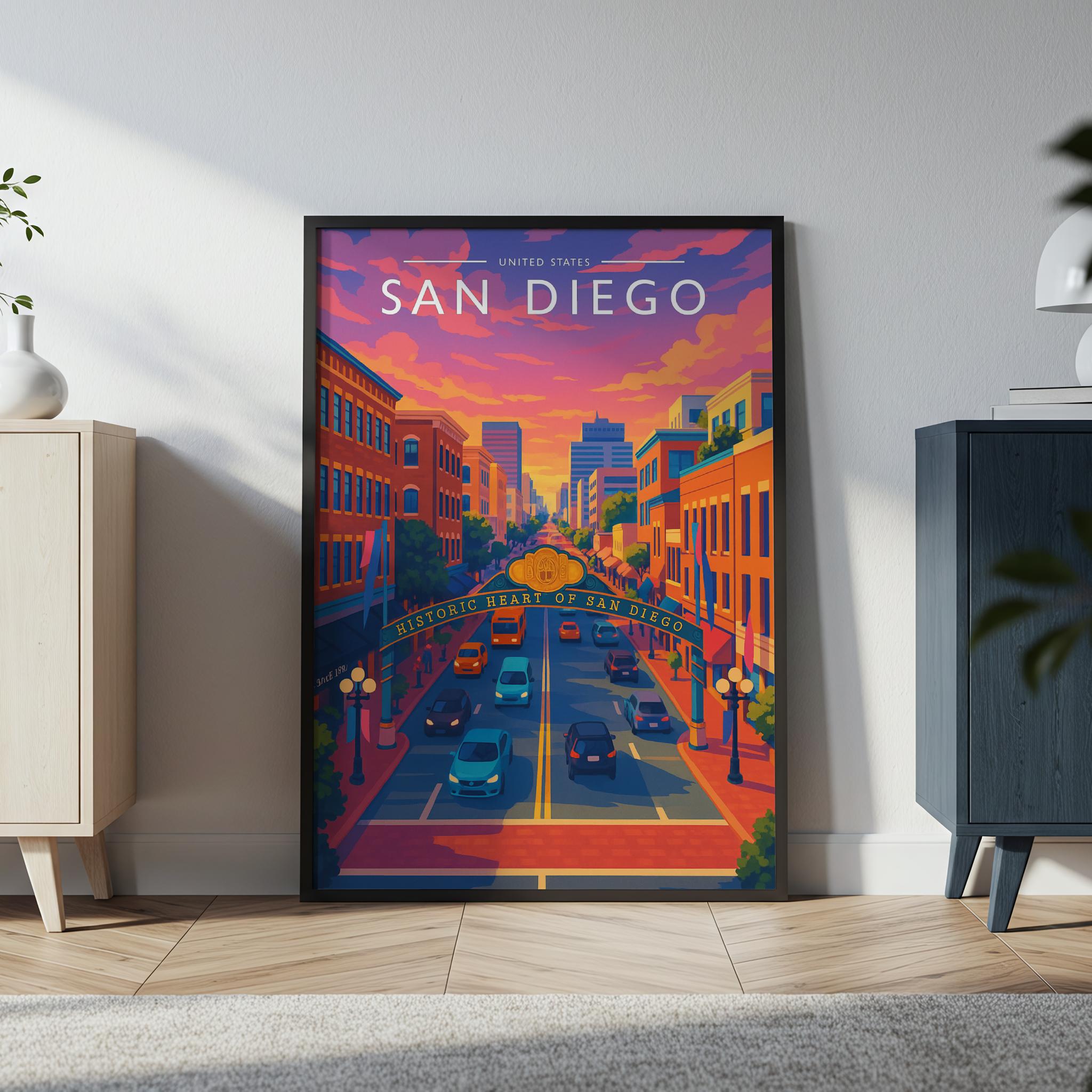 San Diego Travel Poster in a black frame