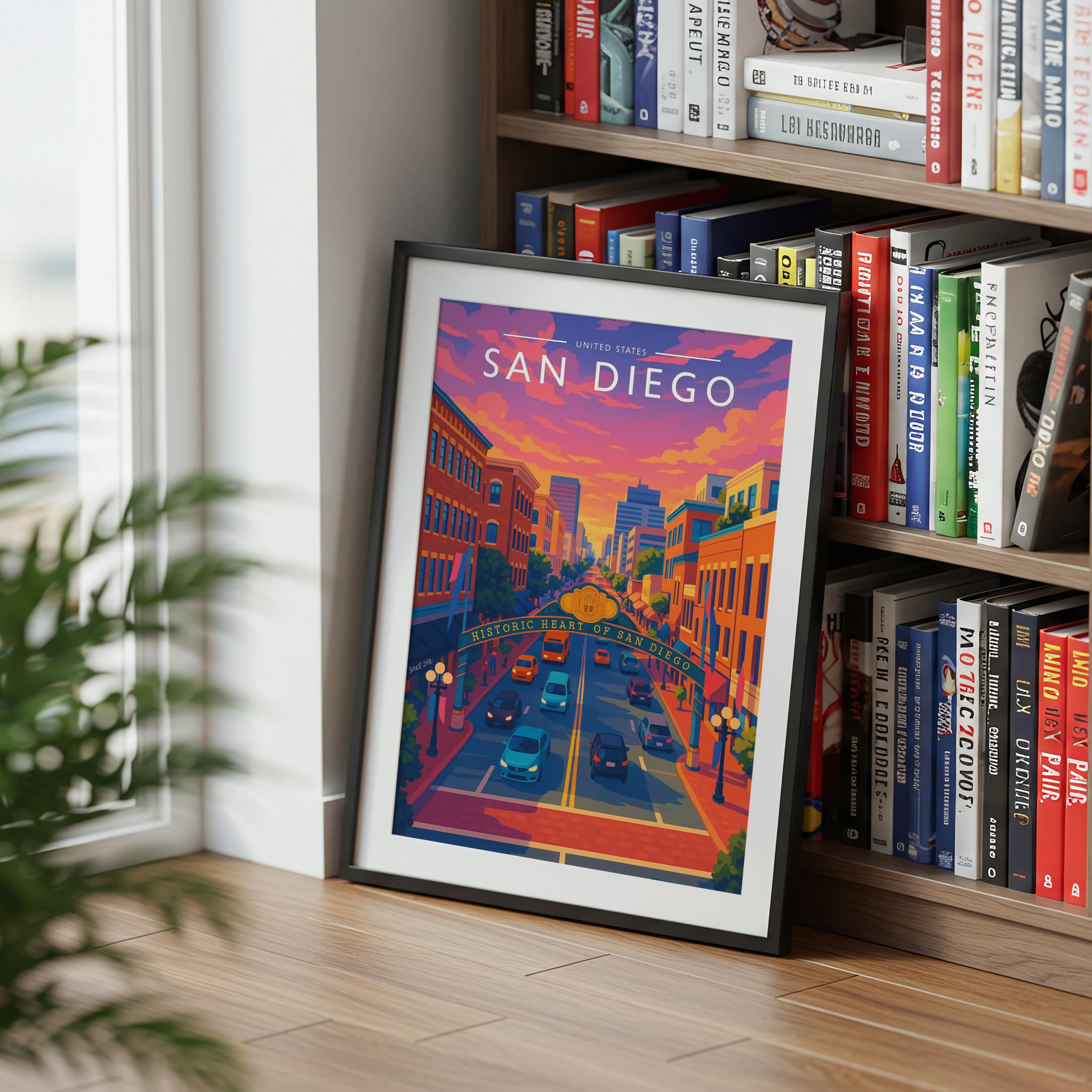 San Diego Travel Poster mounted in a black frame