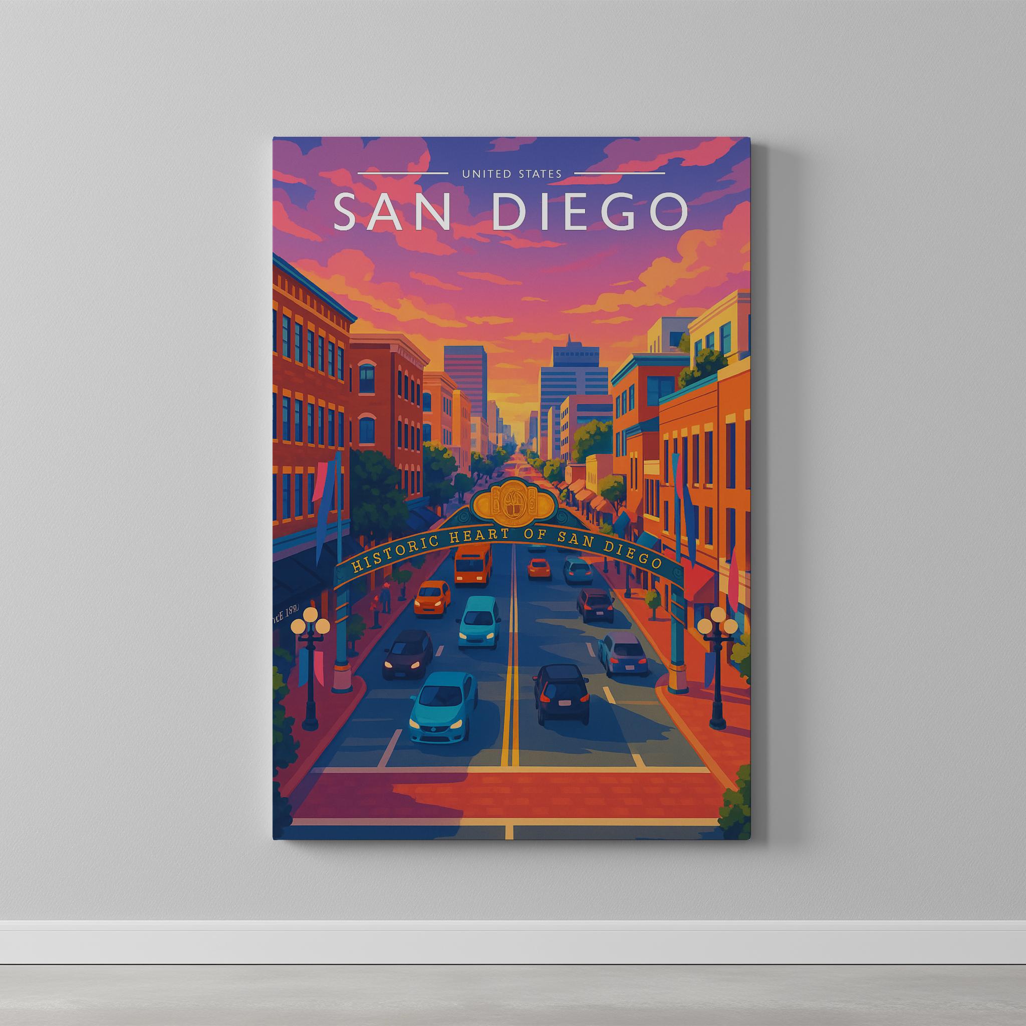 San Diego Travel Poster as a gallery-wrapped canvas on a plain wall
