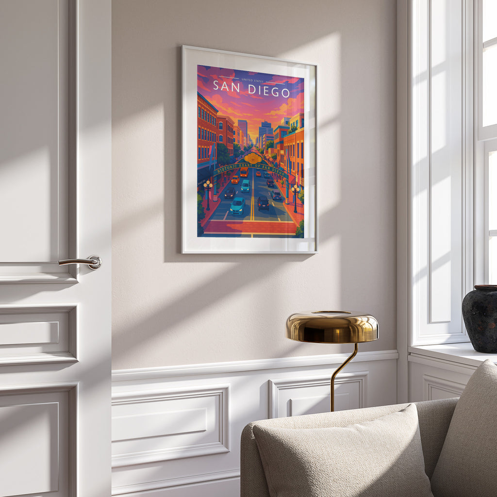San Diego Travel Poster in a white frame on a panelled wall