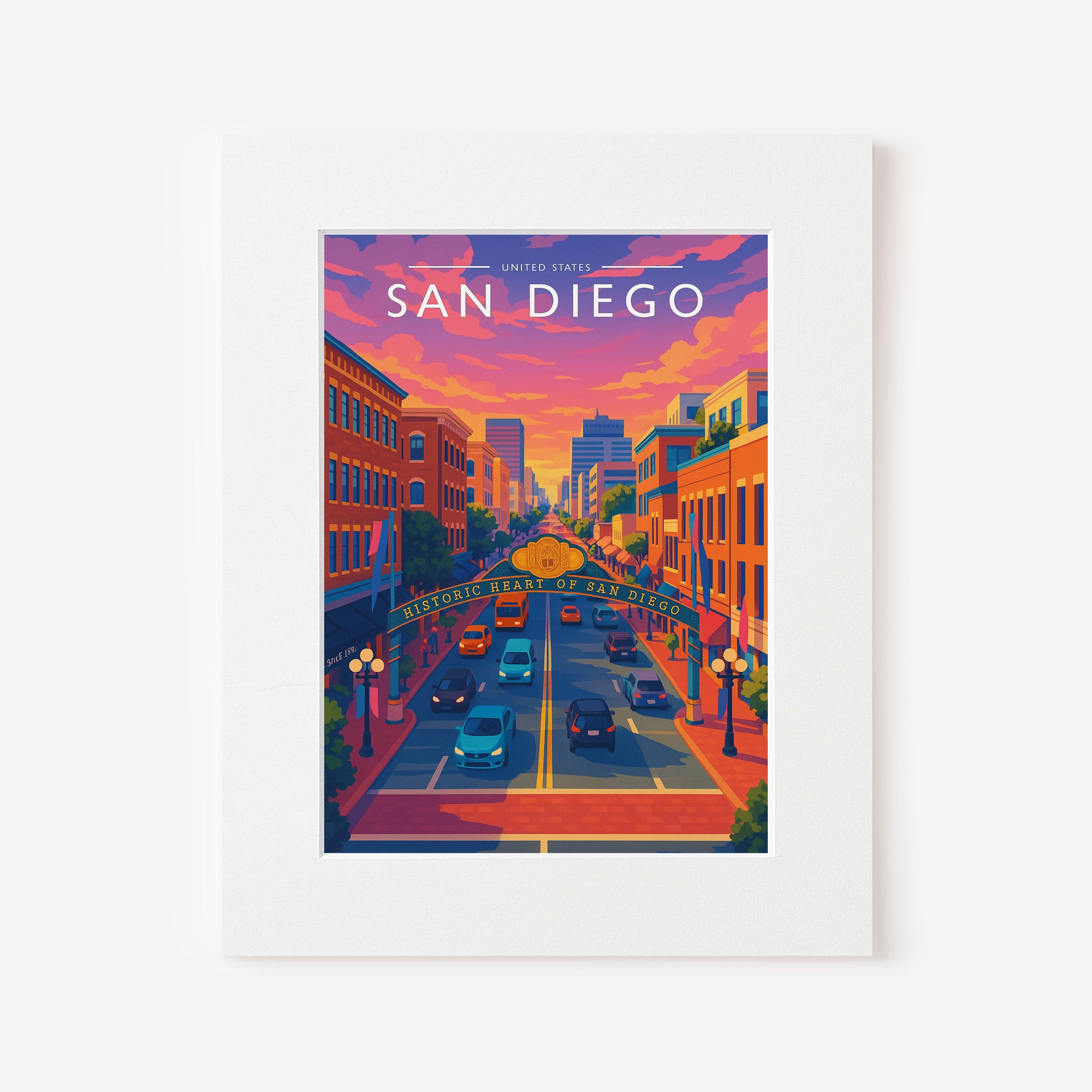 San Diego Travel Poster in a white mount