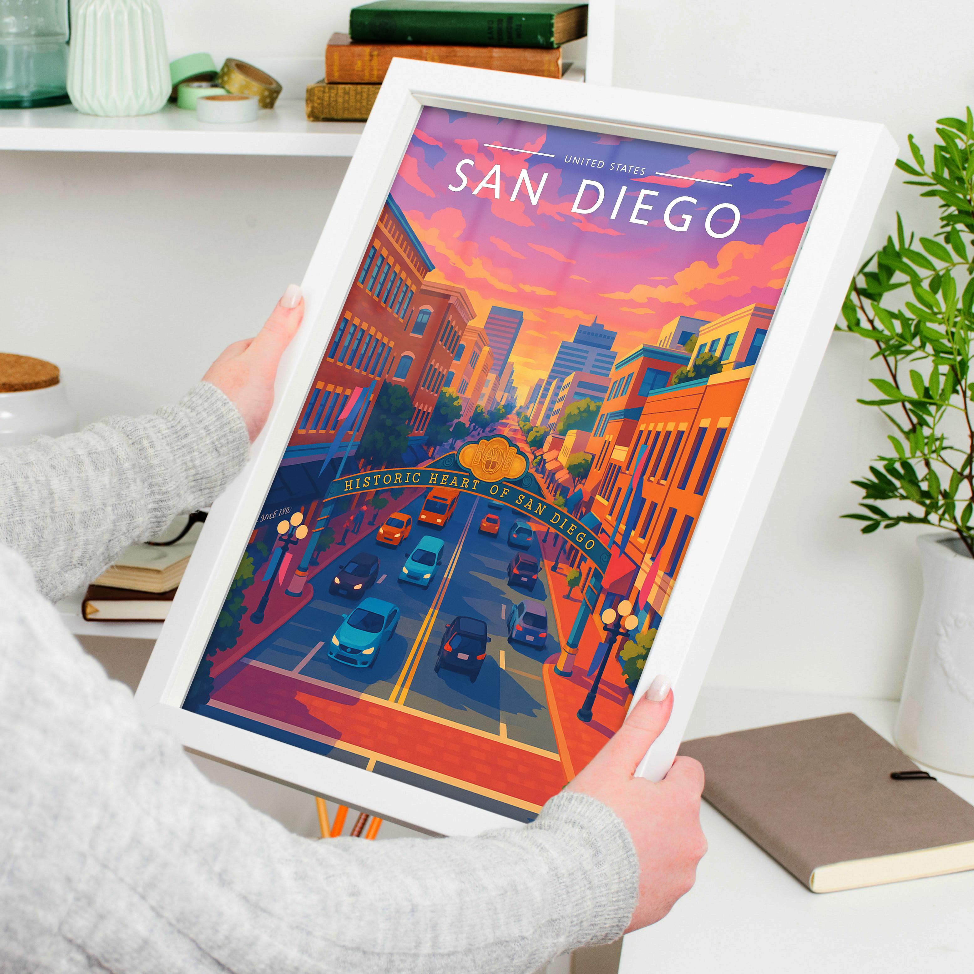 San Diego Travel Poster held in a white frame
