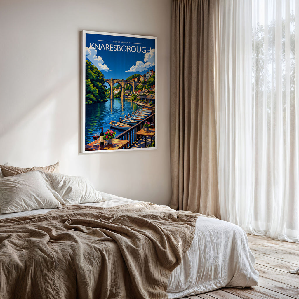 Knaresborough Travel Poster framed on a bedroom wall
