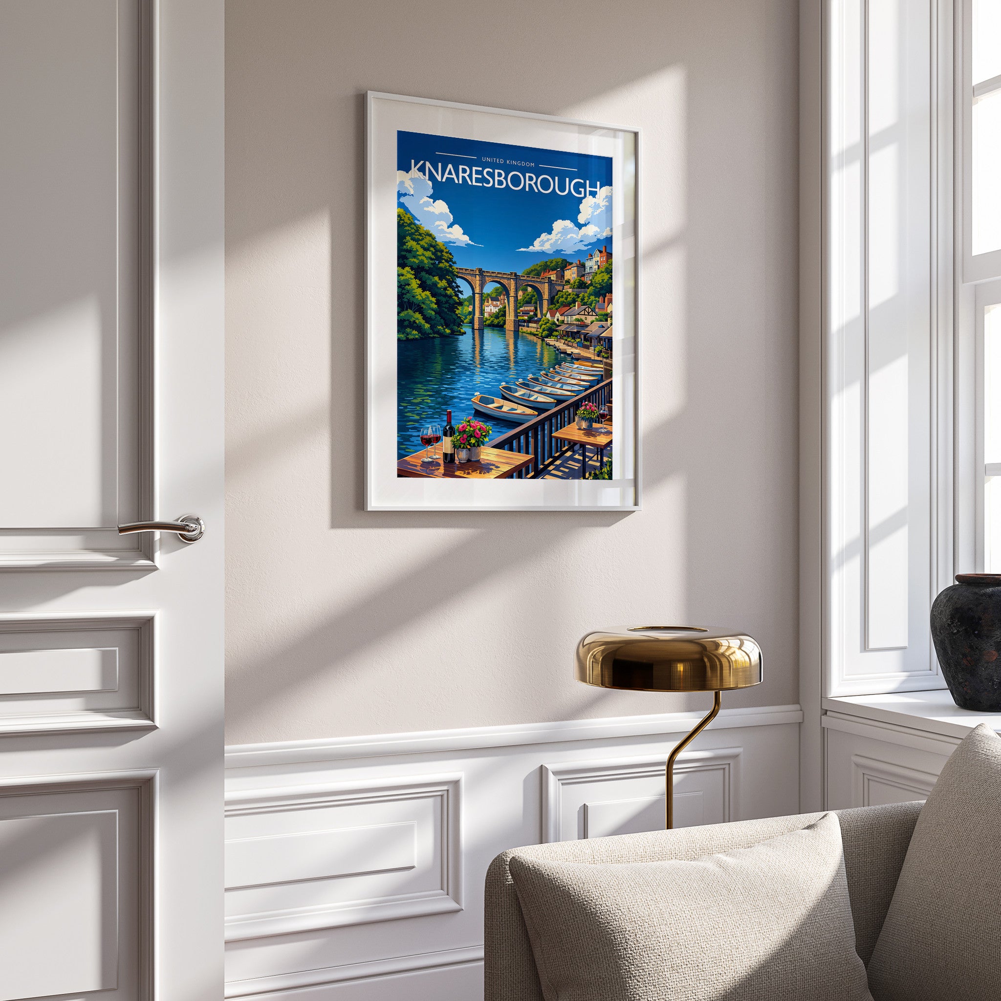 Knaresborough Travel Poster in a white frame on a panelled wall