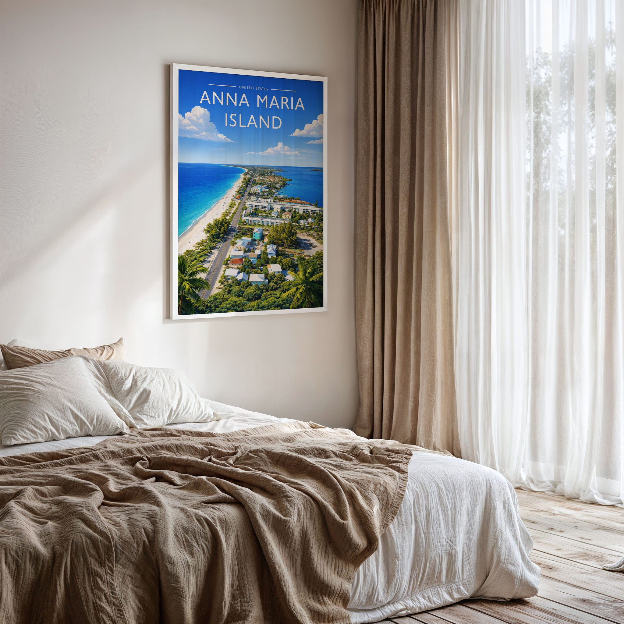 Anna Maria Island Travel Poster framed on a bedroom wall
