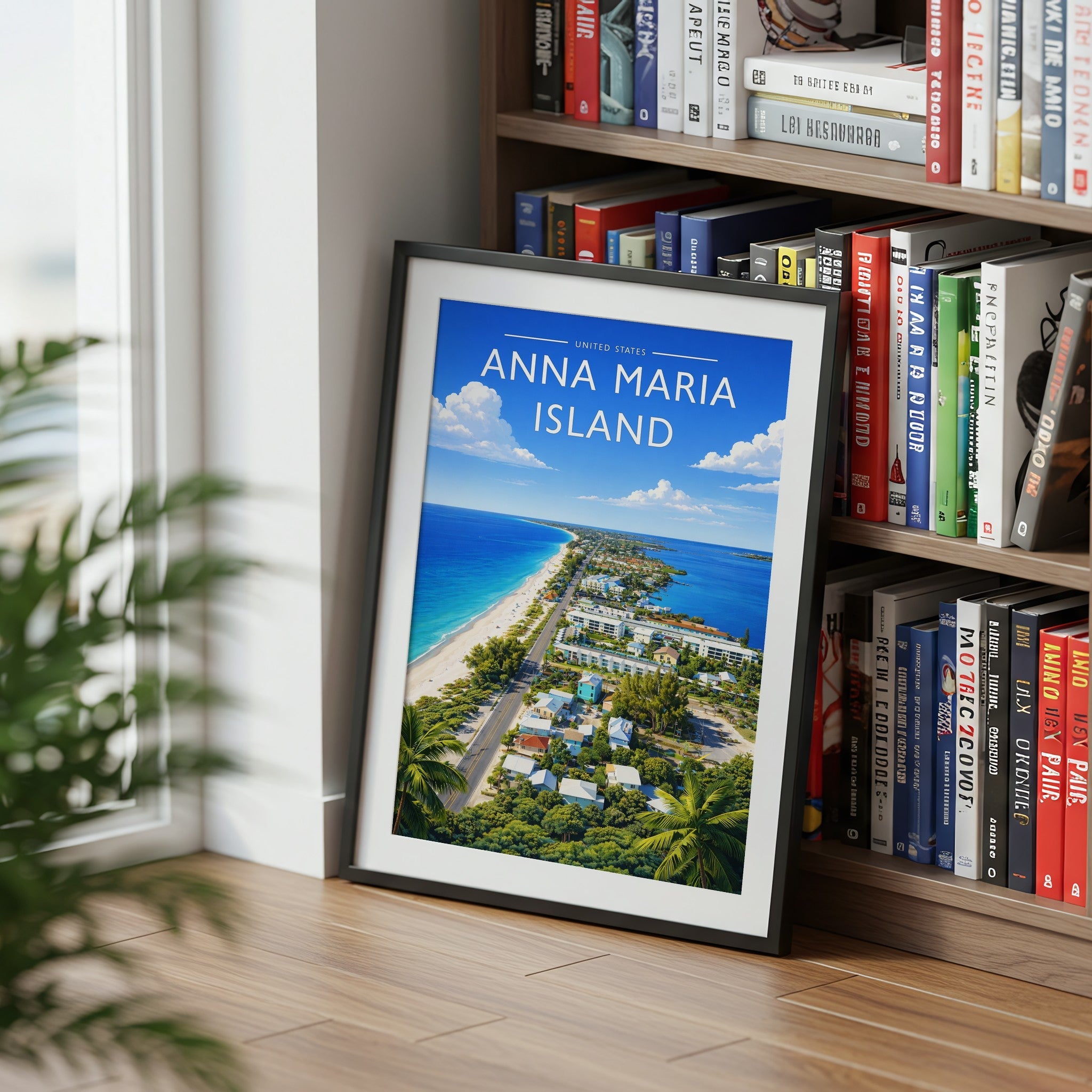 Anna Maria Island Travel Poster mounted in a black frame