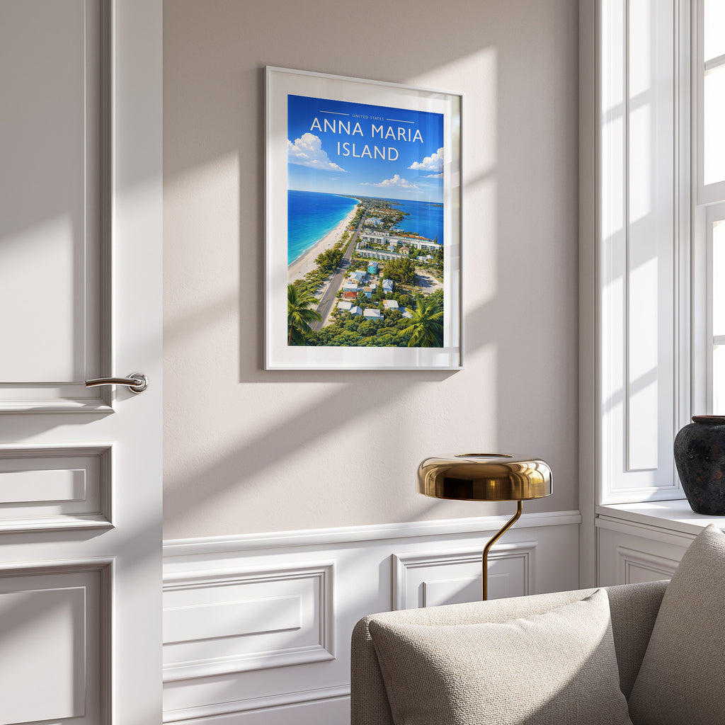Anna Maria Island Travel Poster in a white frame on a panelled wall