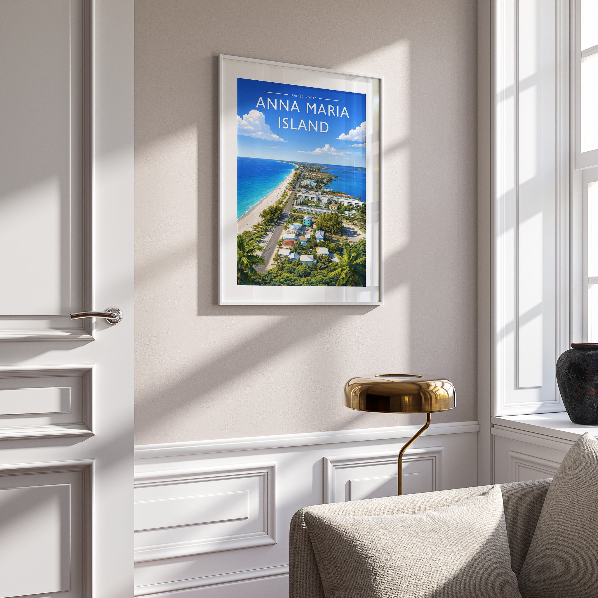 Anna Maria Island Travel Poster in a white frame on a panelled wall