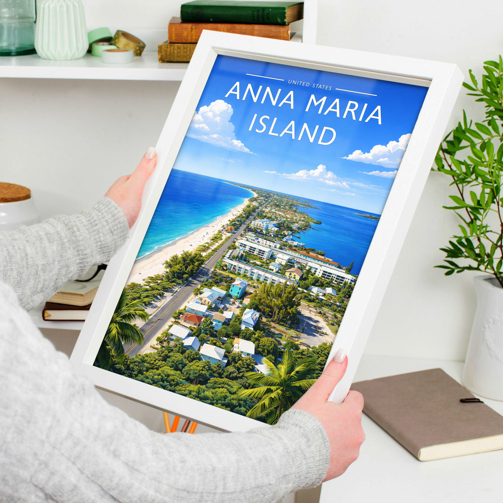 Anna Maria Island Travel Poster in a white frame, held to show scale