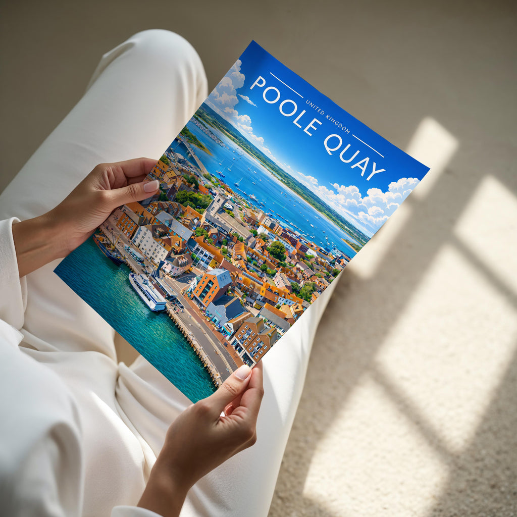Poole Quay Travel Poster - A4 print held in hand