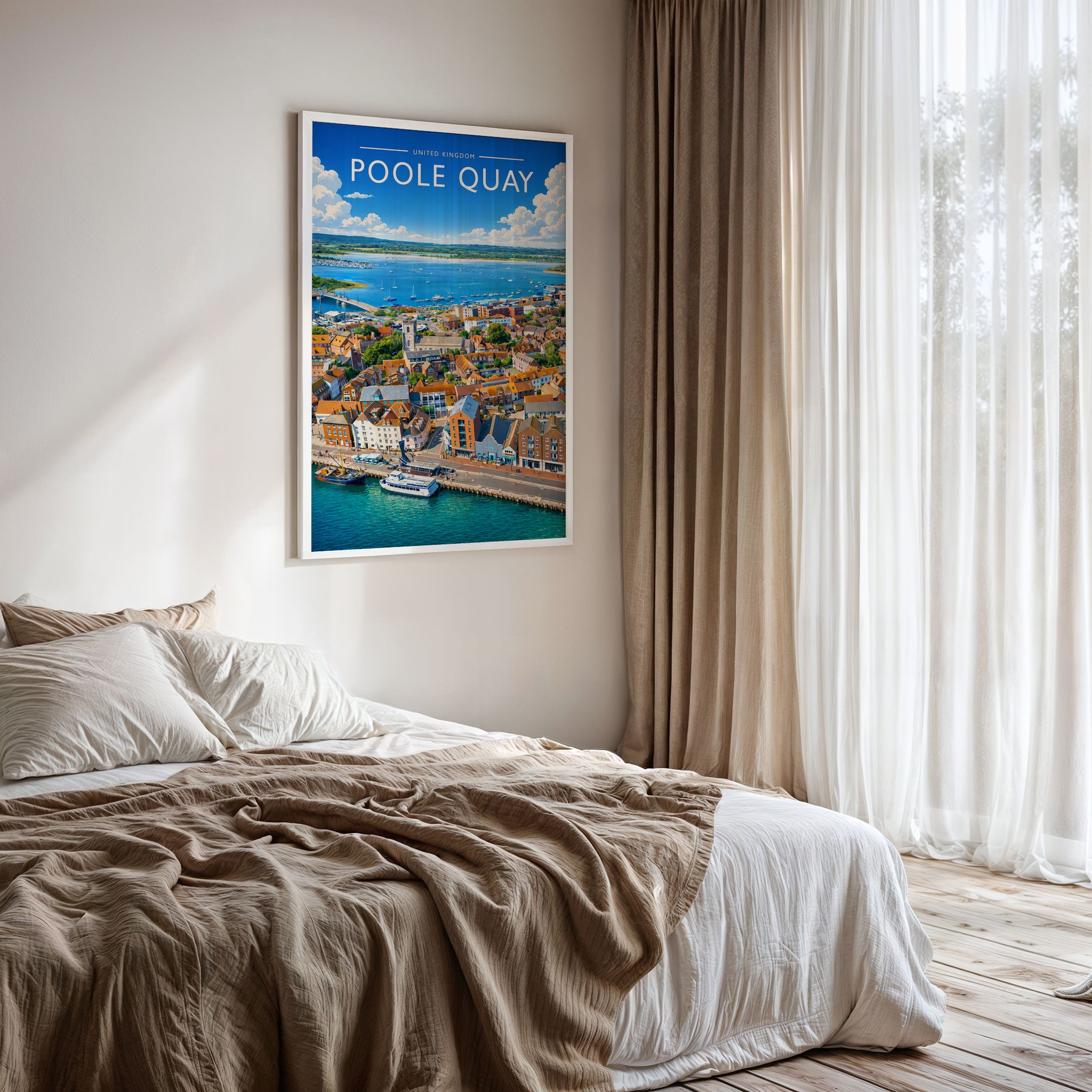 Poole Quay Travel Poster framed on a bedroom wall