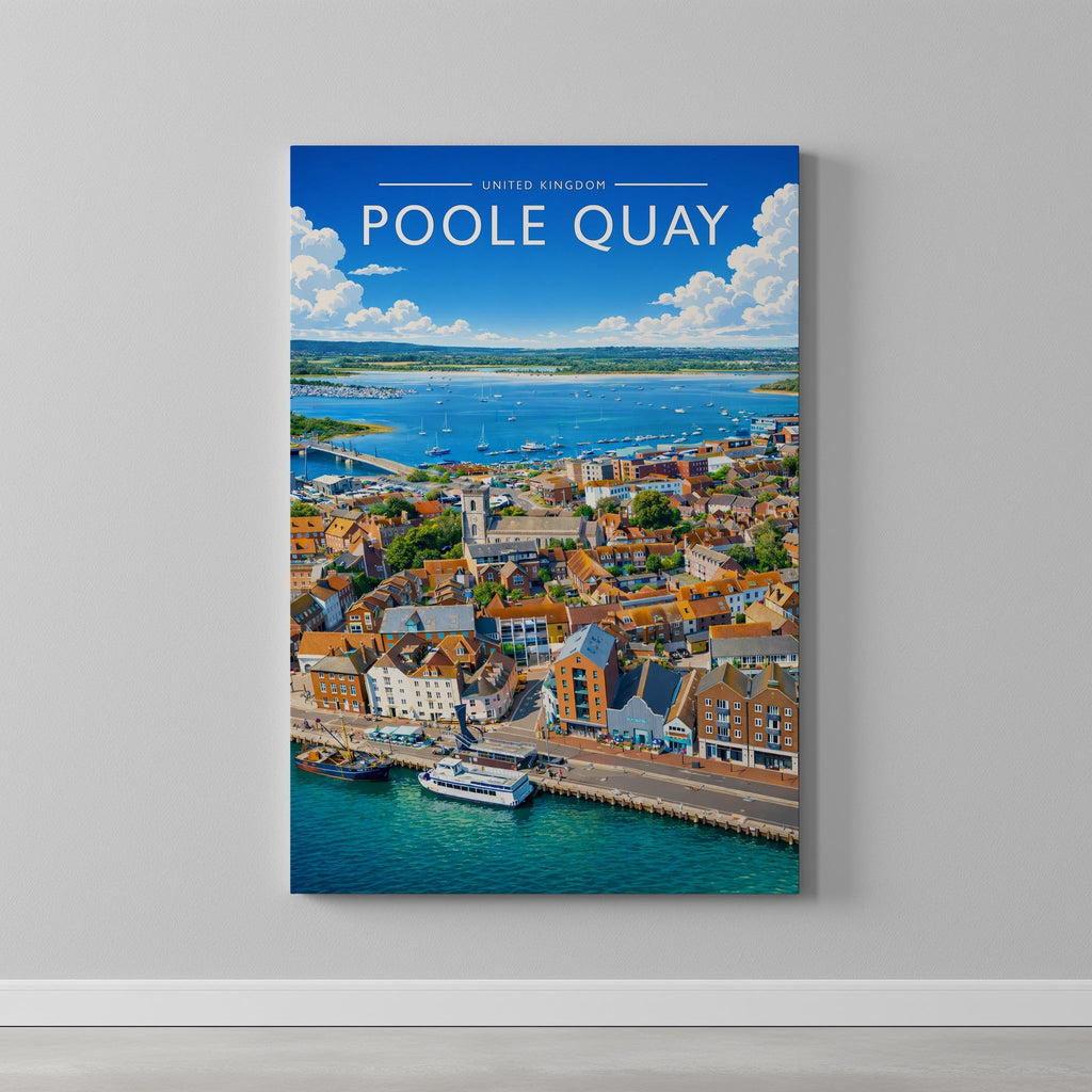 Poole Quay Travel Poster as a gallery-wrapped canvas on a plain wall