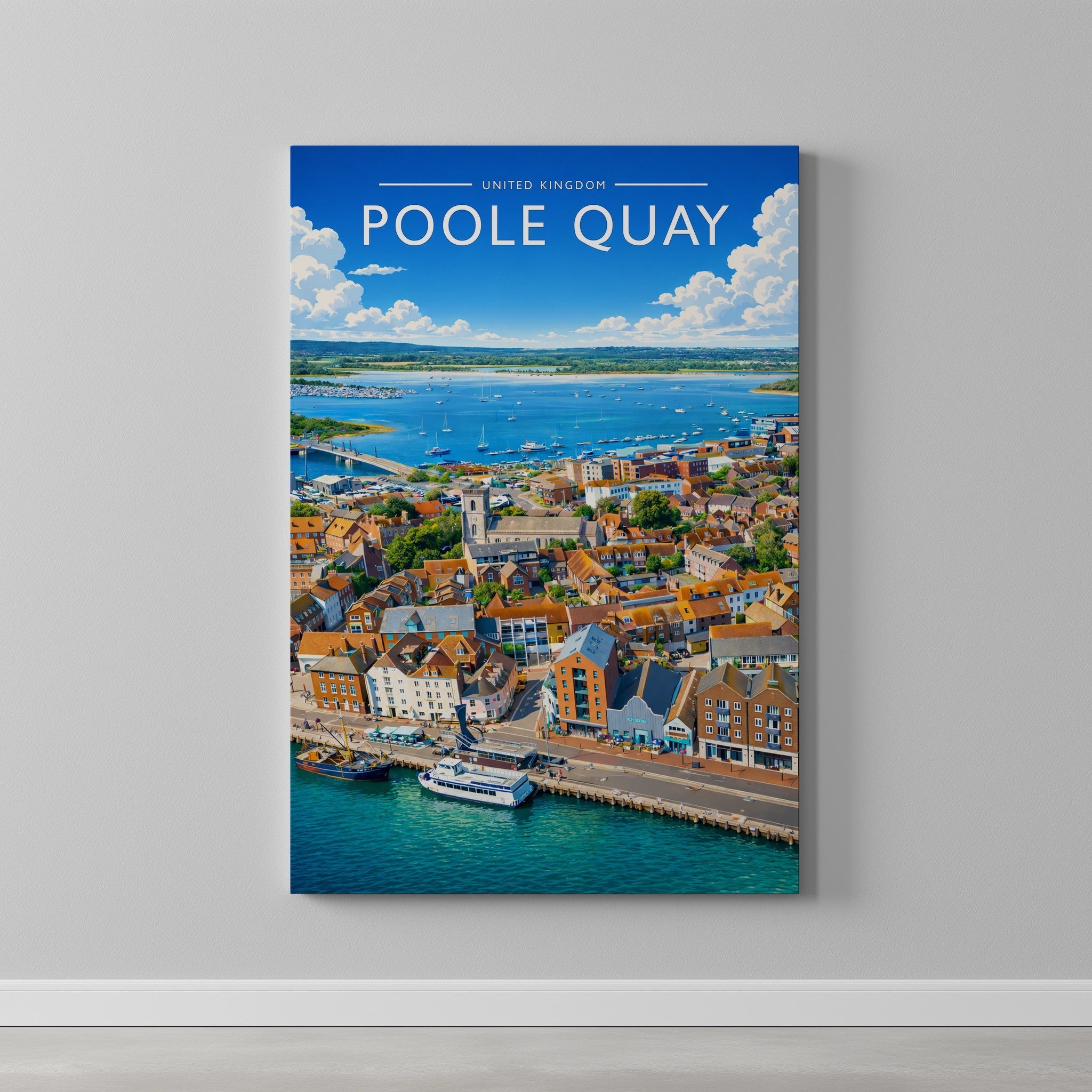 Poole Quay Travel Poster as a gallery-wrapped canvas on a plain wall