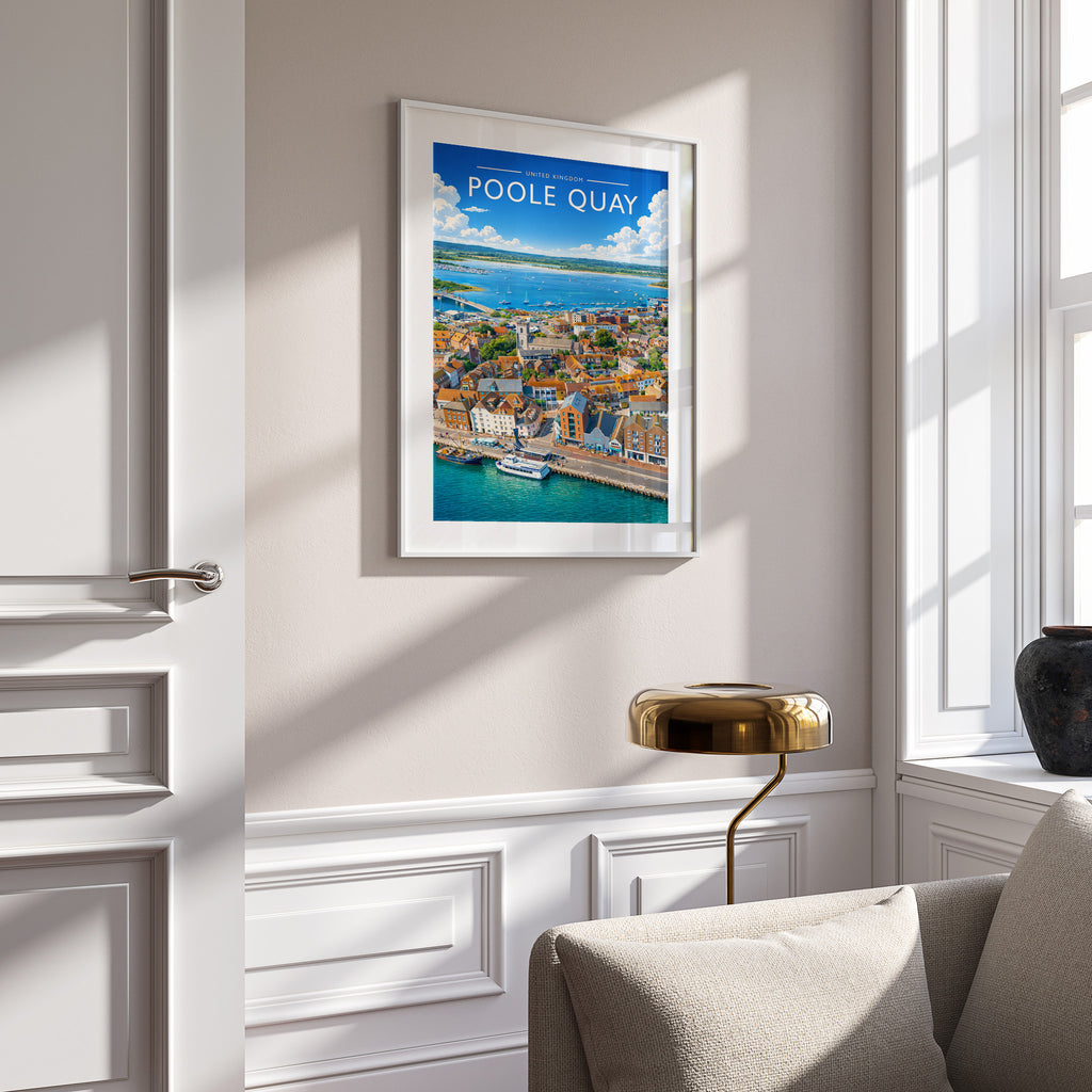 Poole Quay Travel Poster in a white frame on a panelled wall