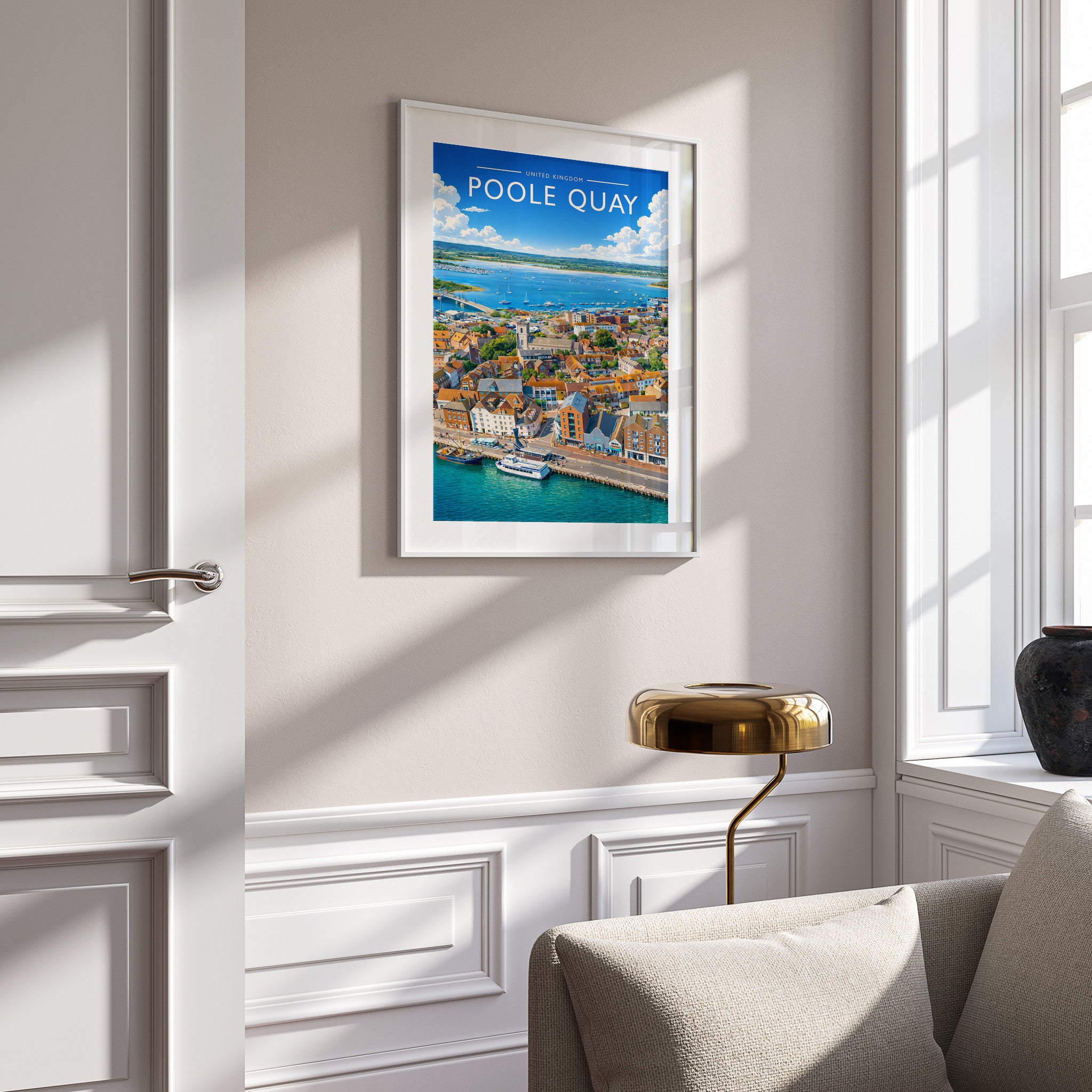 Poole Quay Travel Poster in a white frame on a panelled wall
