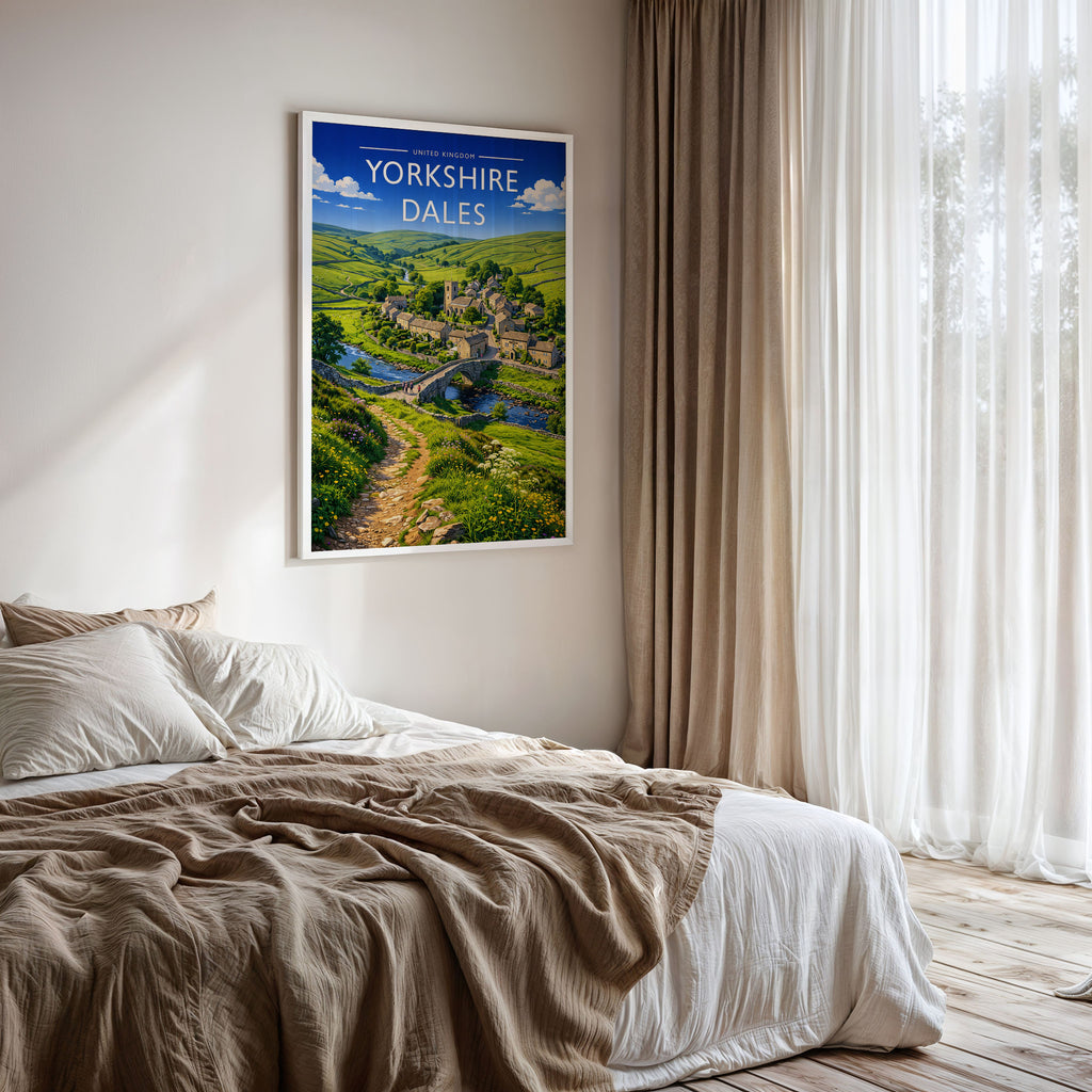 Yorkshire Dales #2 Travel Poster framed on a bedroom wall